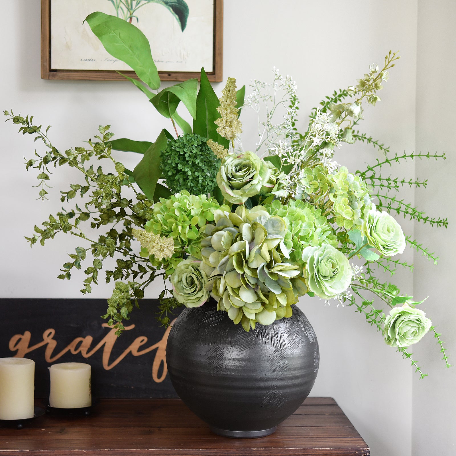 Elegant Green Artificial Bouquet – Hydrangea, Roses, Camellia, Baby's Breath & More for Home Décor, Weddings, Centerpieces, and Events