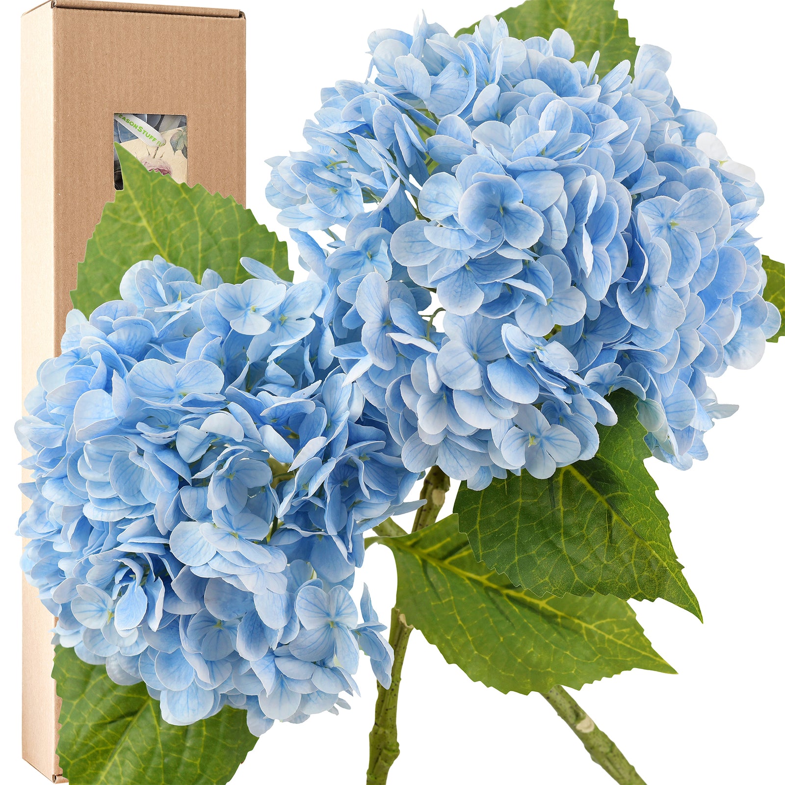 FiveSeasonStuff 2 Stems Real Touch Petals and Leaves Artificial Hydrangea Flowers Long Stem Floral Arrangement | for Wedding Bridal Party Home Décor DIY Floral Decoration (Blue)