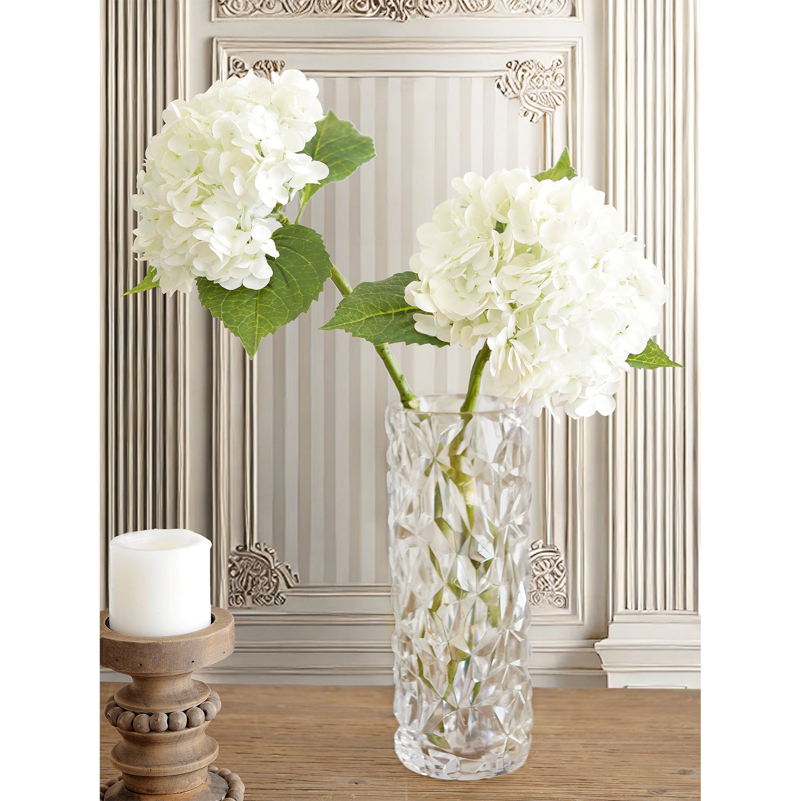 FiveSeasonStuff 2 Stems Real Touch Petals and Leaves Artificial Hydrangea Flowers Long Stem Floral Arrangement | for Wedding Bridal Party Home Décor DIY Floral Decoration (White)