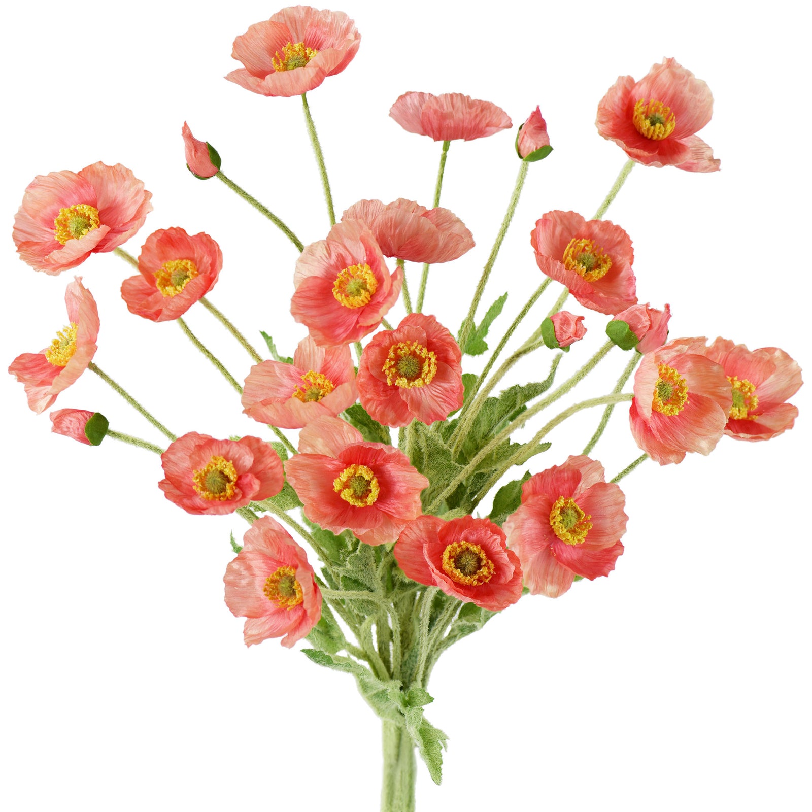 Coral Pink Silk Poppies Artificial Flower Bouquet for Remembrance Home Wedding 6 Stems 23.6'' (60cm)