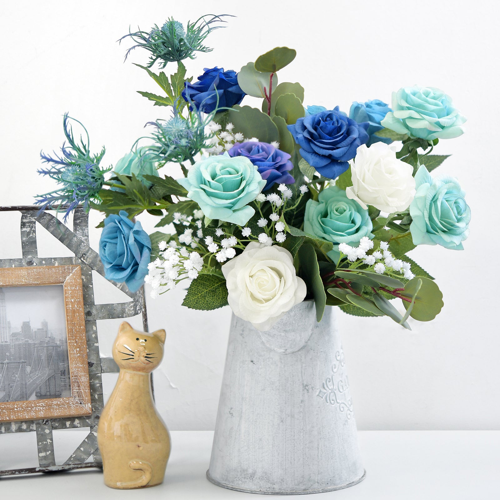 28 PCS DIY Set (POSH BLUE) Real Touch Mix Blue Roses Sea Holly Thistle Artificial Flowers Arrangement Silk Bouquet for Gift Home Wedding Bridal Corporate Gifts