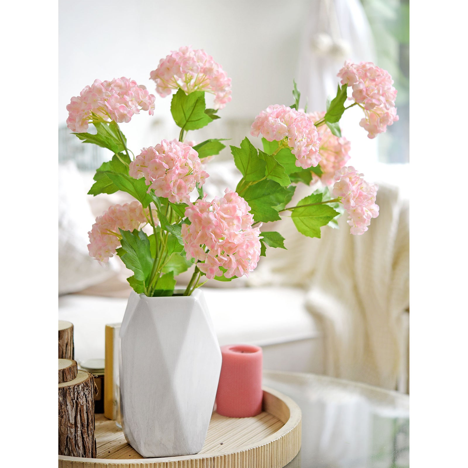 Blush Pink Snowball Viburnum Long Stem Artificial Flowers 2 Stems
