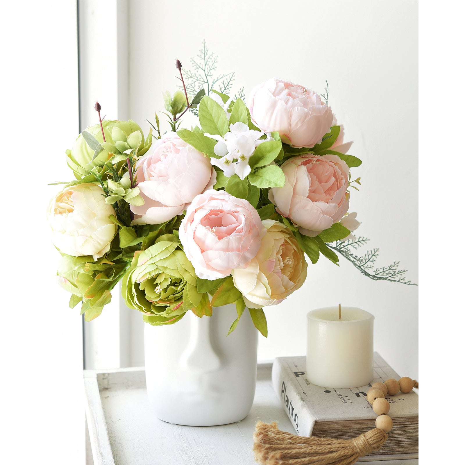 Vintage Peonies in Cream, Beige, and Moss Green – Silk Artificial Flower Bouquet with Hydrangeas Weddings/Home Decor/ Centerpieces/ DIY