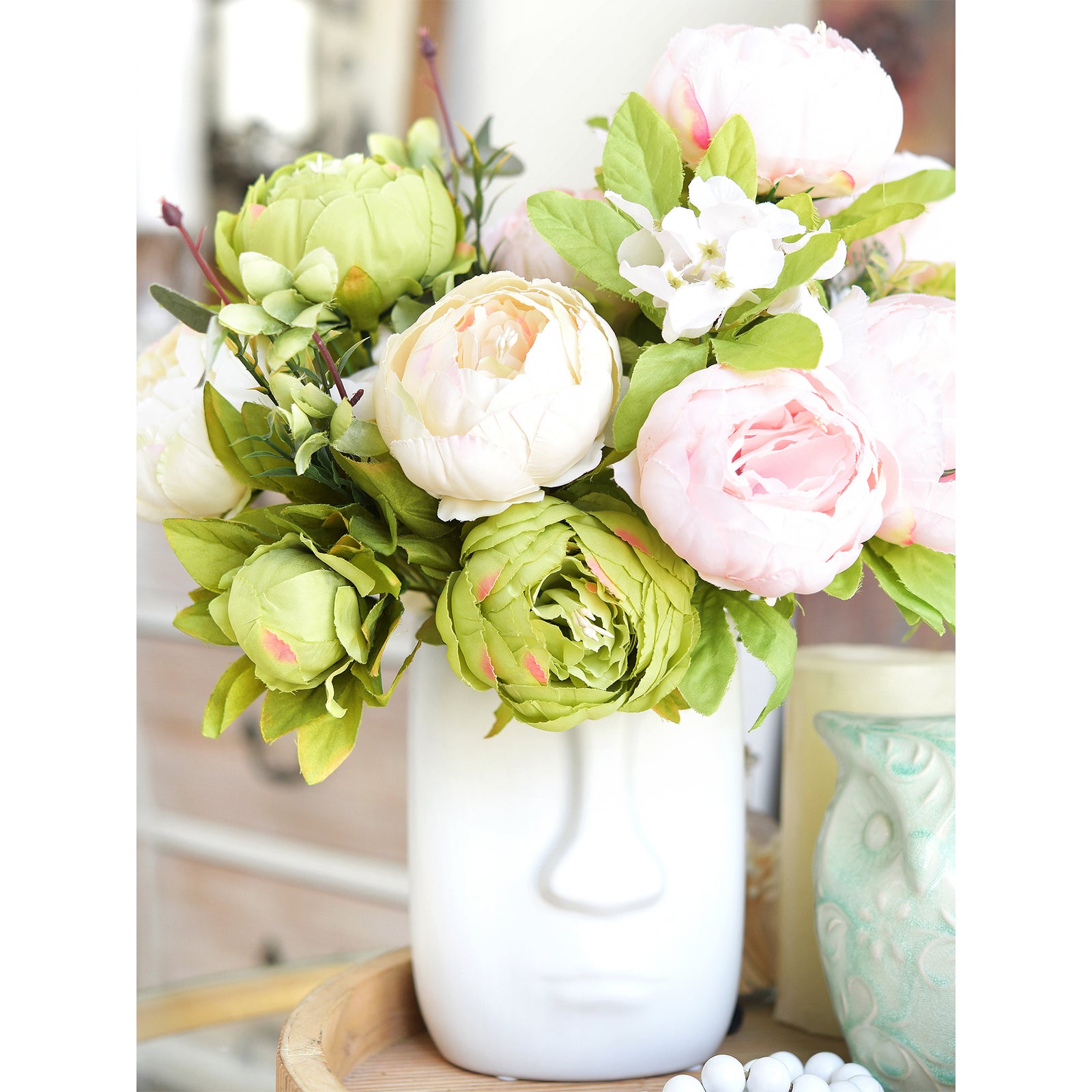 Vintage Peonies in Cream, Beige, and Moss Green – Silk Artificial Flower Bouquet with Hydrangeas Weddings/Home Decor/ Centerpieces/ DIY