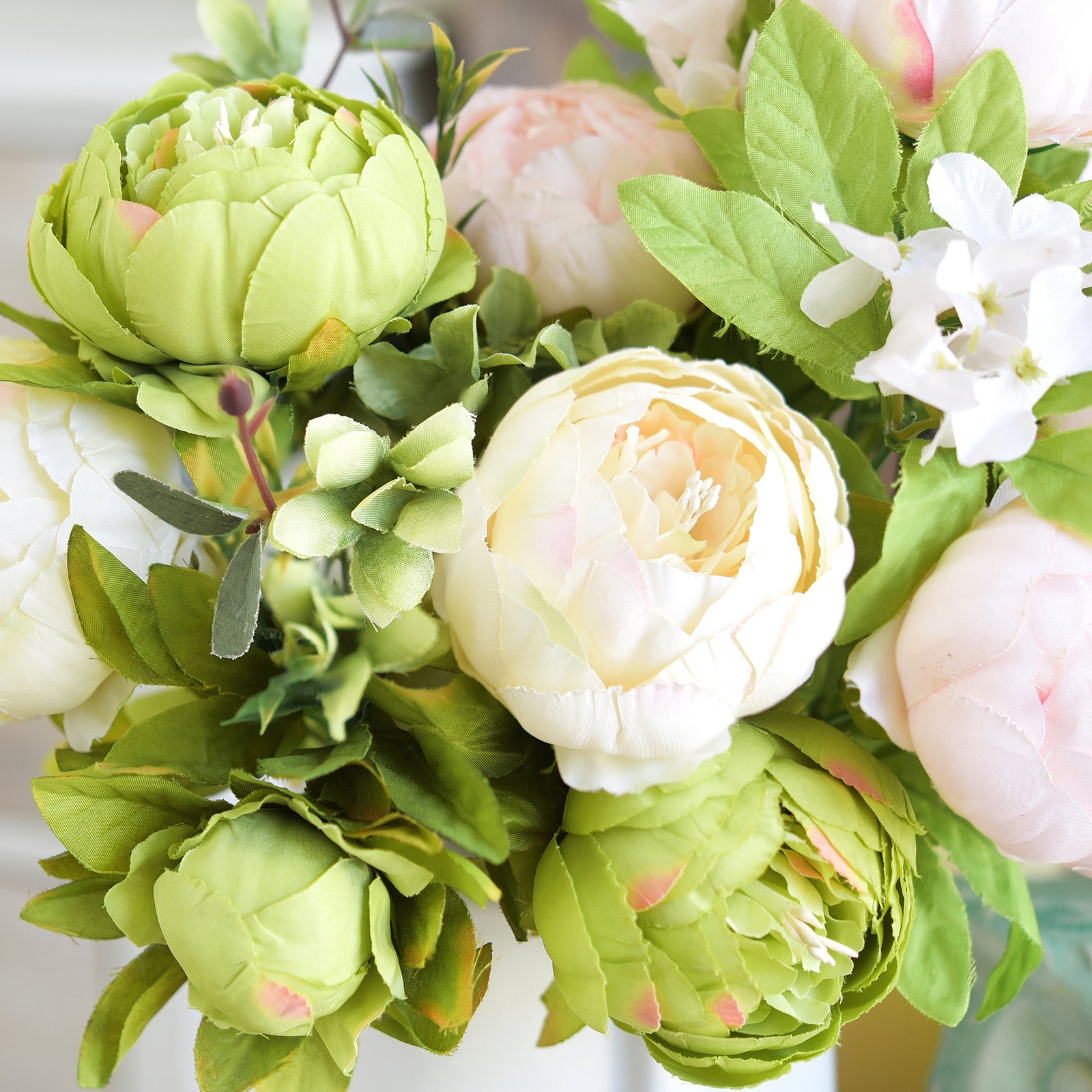 Vintage Peonies in Cream, Beige, and Moss Green – Silk Artificial Flower Bouquet with Hydrangeas Weddings/Home Decor/ Centerpieces/ DIY