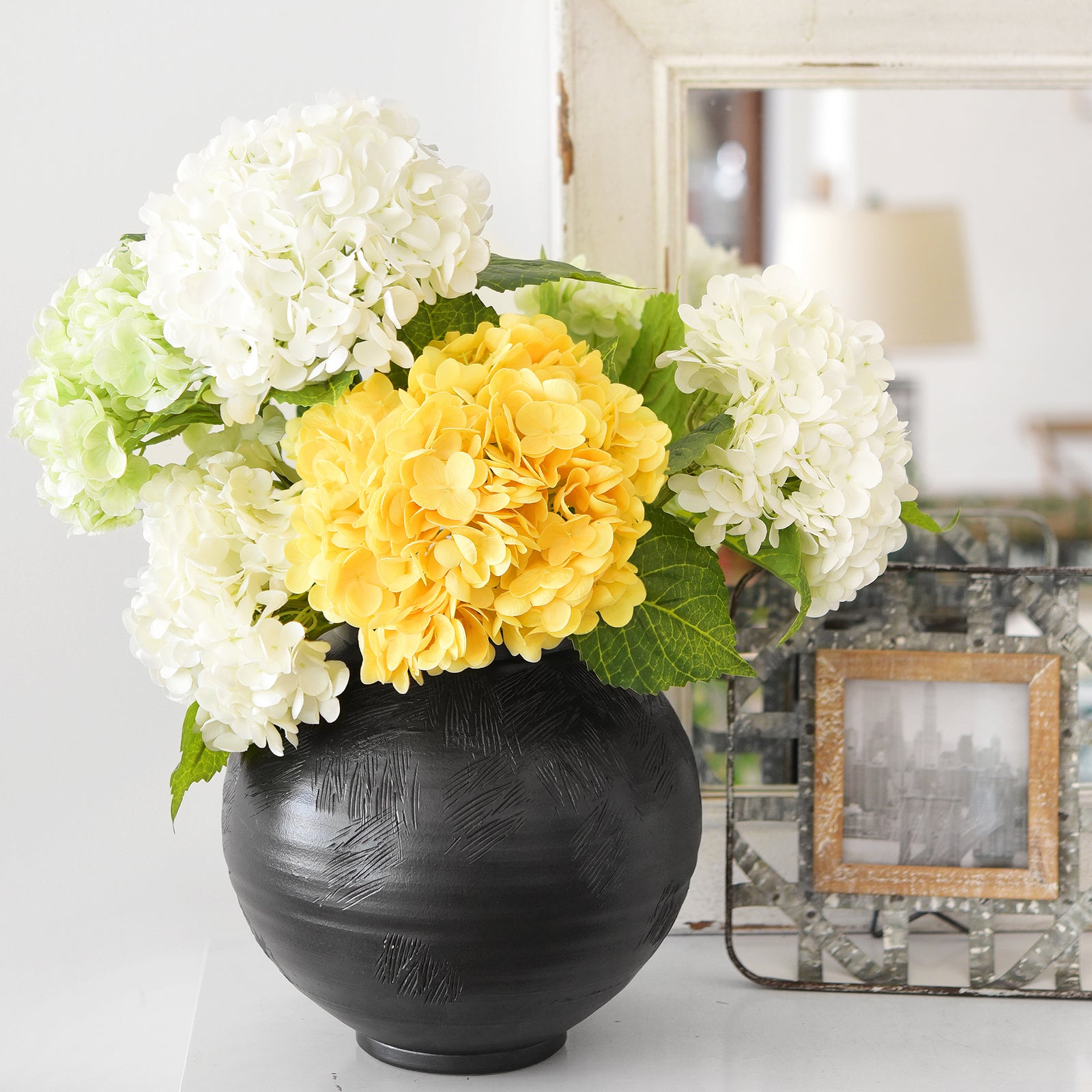 FiveSeasonStuff 2 Stems Real Touch Petals and Leaves Artificial Hydrangea Flowers Long Stem Floral Arrangement | for Wedding Bridal Party Home Décor DIY Floral Decoration (White)