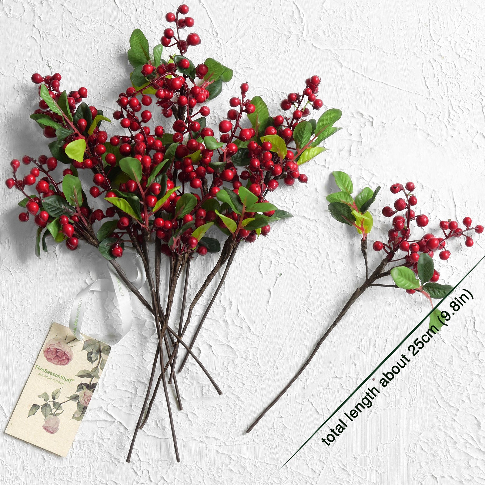Artificial red berry stem with holly, 70cm