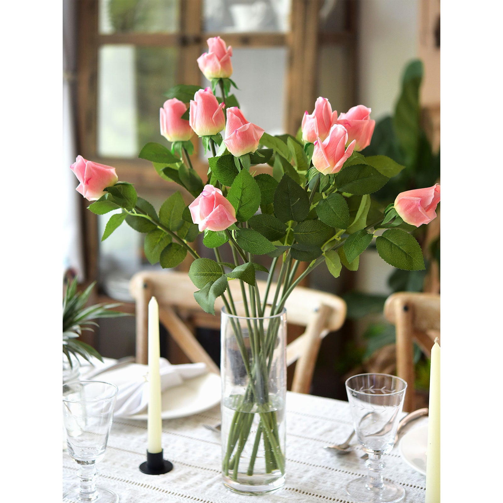 Flamingo Wild Pink Long Stem 21 inches Roses Real Touch Silk Artificial Flowers 12 Stems