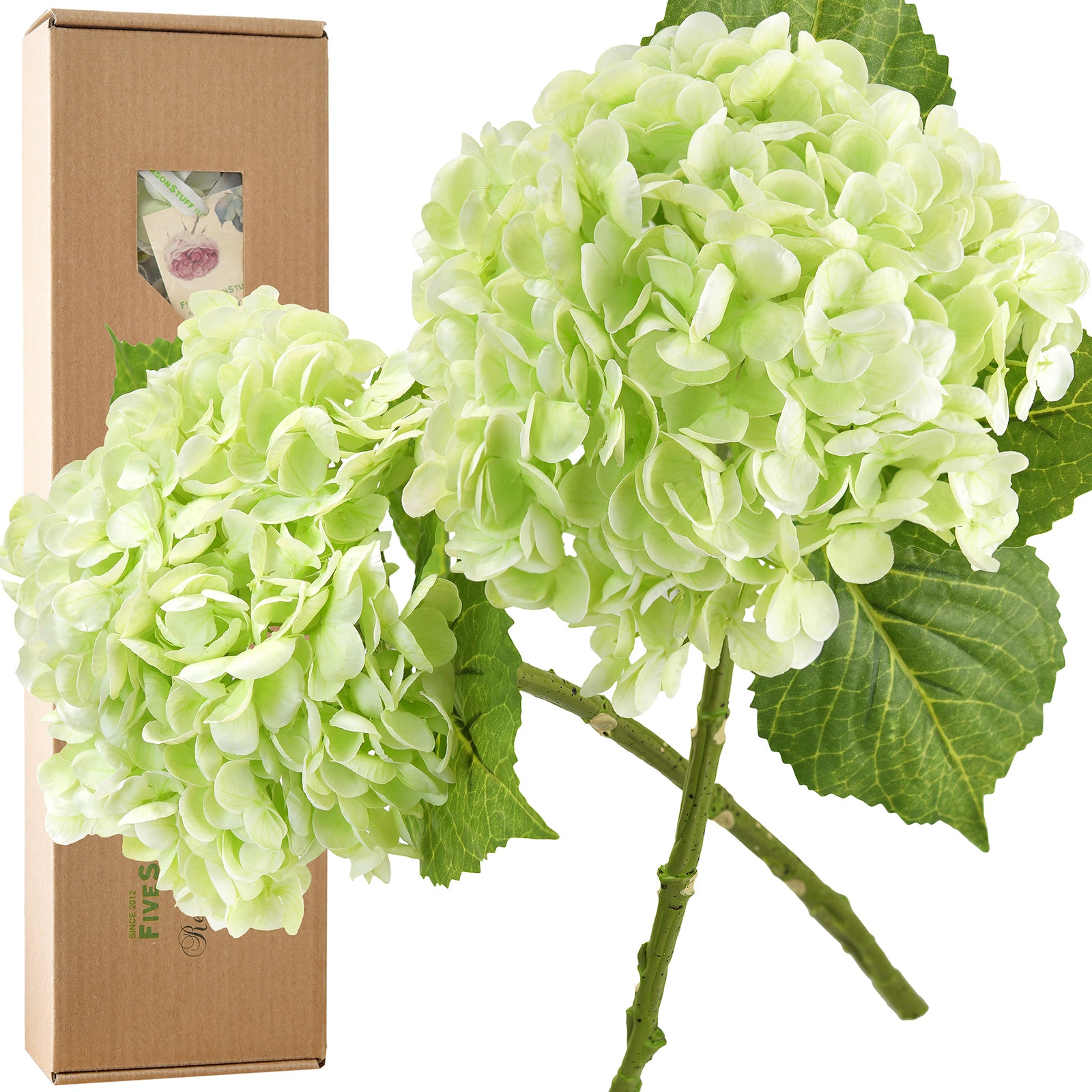 FiveSeasonStuff 2 Stems Real Touch Petals and Leaves Artificial Hydrangea Flowers Long Stem Floral Arrangement | for Wedding Bridal Party Home Décor DIY Floral Decoration (Pale Green)