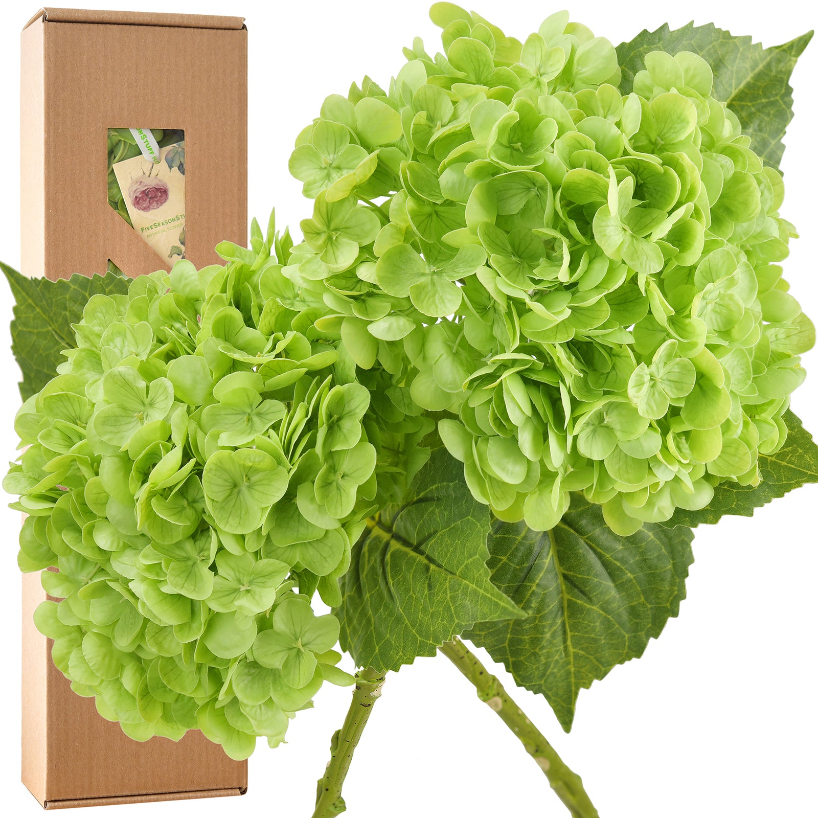 FiveSeasonStuff 2 Stems Real Touch Petals and Leaves Artificial Hydrangea Flowers Long Stem Floral Arrangement | for Wedding Bridal Party Home Décor DIY Floral Decoration (Green)