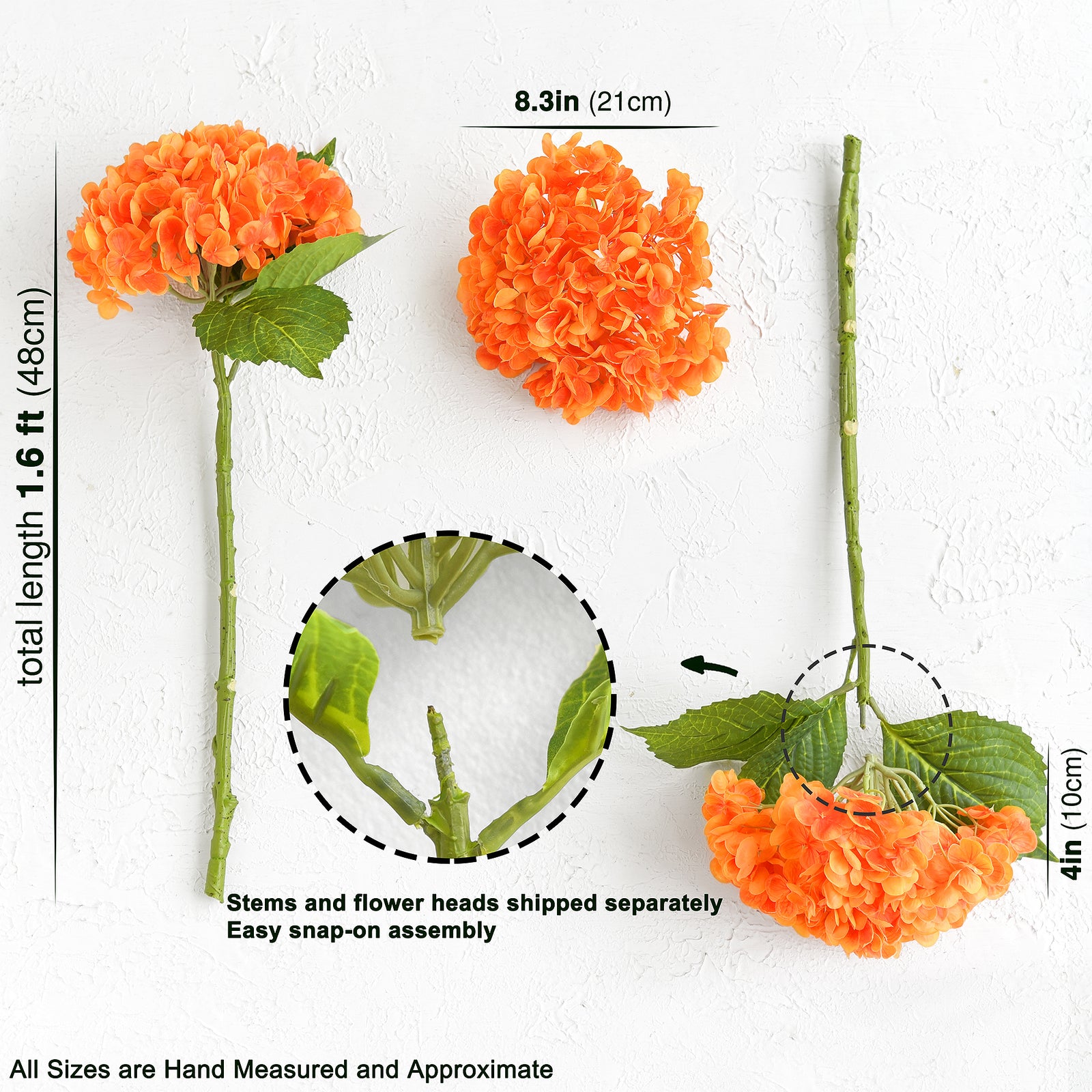 FiveSeasonStuff 2 Stems Real Touch Petals and Leaves Artificial Hydrangea Flowers Long Stem Floral Arrangement | for Wedding Bridal Party Home Décor DIY Floral Decoration (Orange)