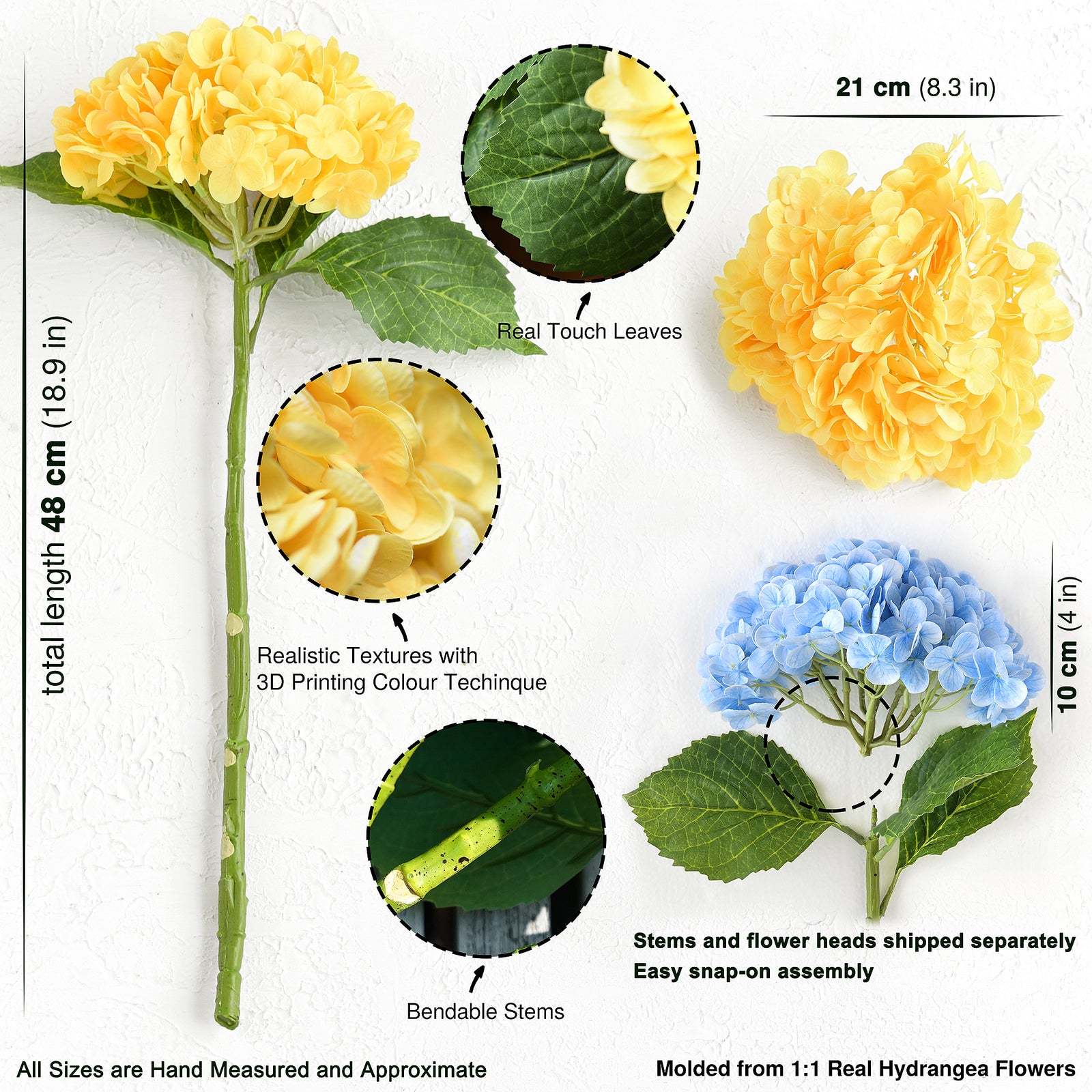 FiveSeasonStuff 2 Stems Real Touch Petals and Leaves Artificial Hydrangea Flowers Long Stem Floral Arrangement | for Wedding Bridal Party Home Décor DIY Floral Decoration (Blue | Yellow)