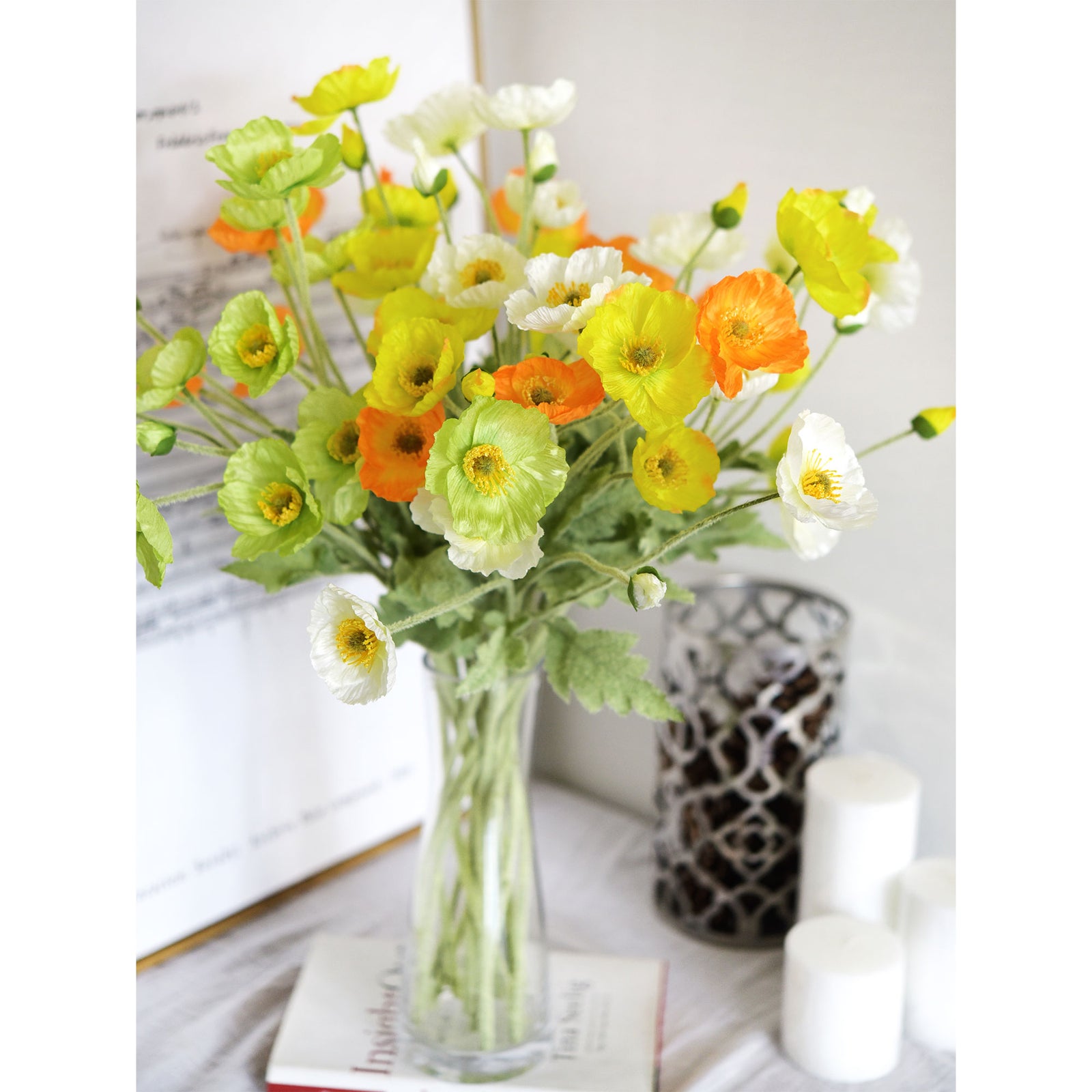 Pale Green Silk Poppies Artificial Flower Bouquet for Remembrance Home Wedding 6 Stems 23.6'' (60cm)