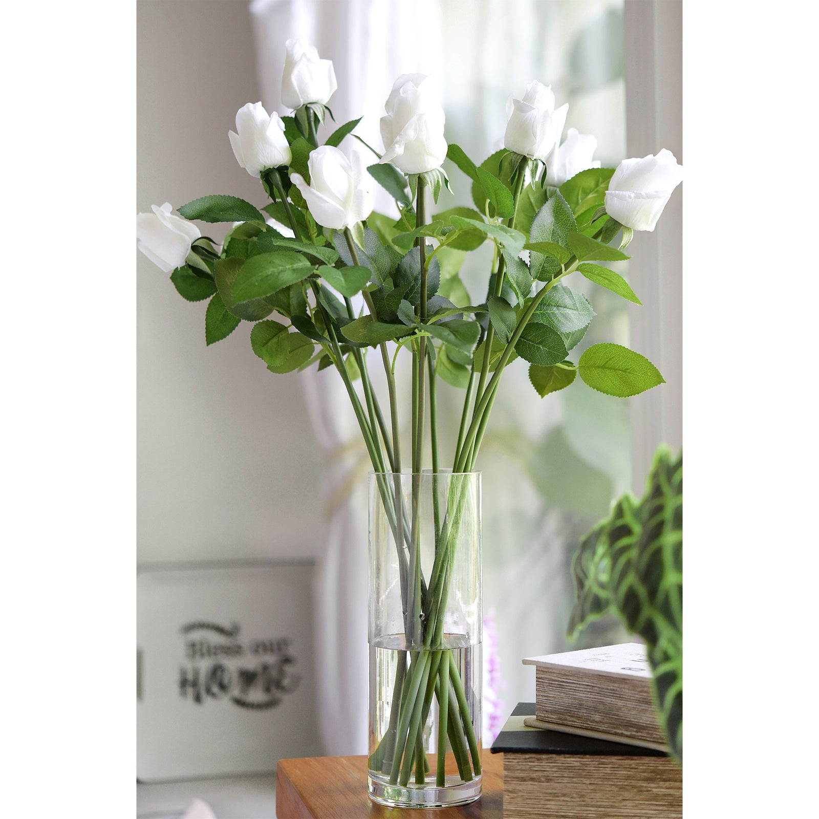 Classic White Long Stem 21 inches Roses Real Touch Silk Artificial Flowers 12 Stems