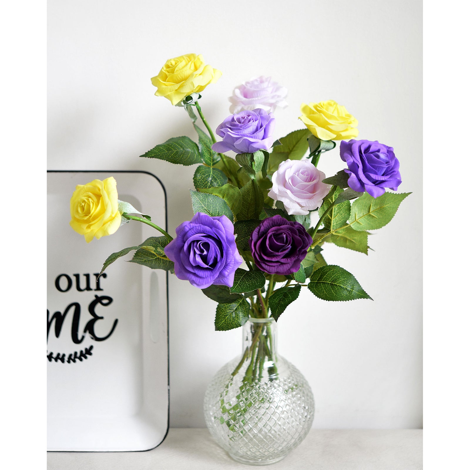 ''Happy Quintette'' of Real Touch Silk Roses Bouquet Artificial Flowers 9 Stems