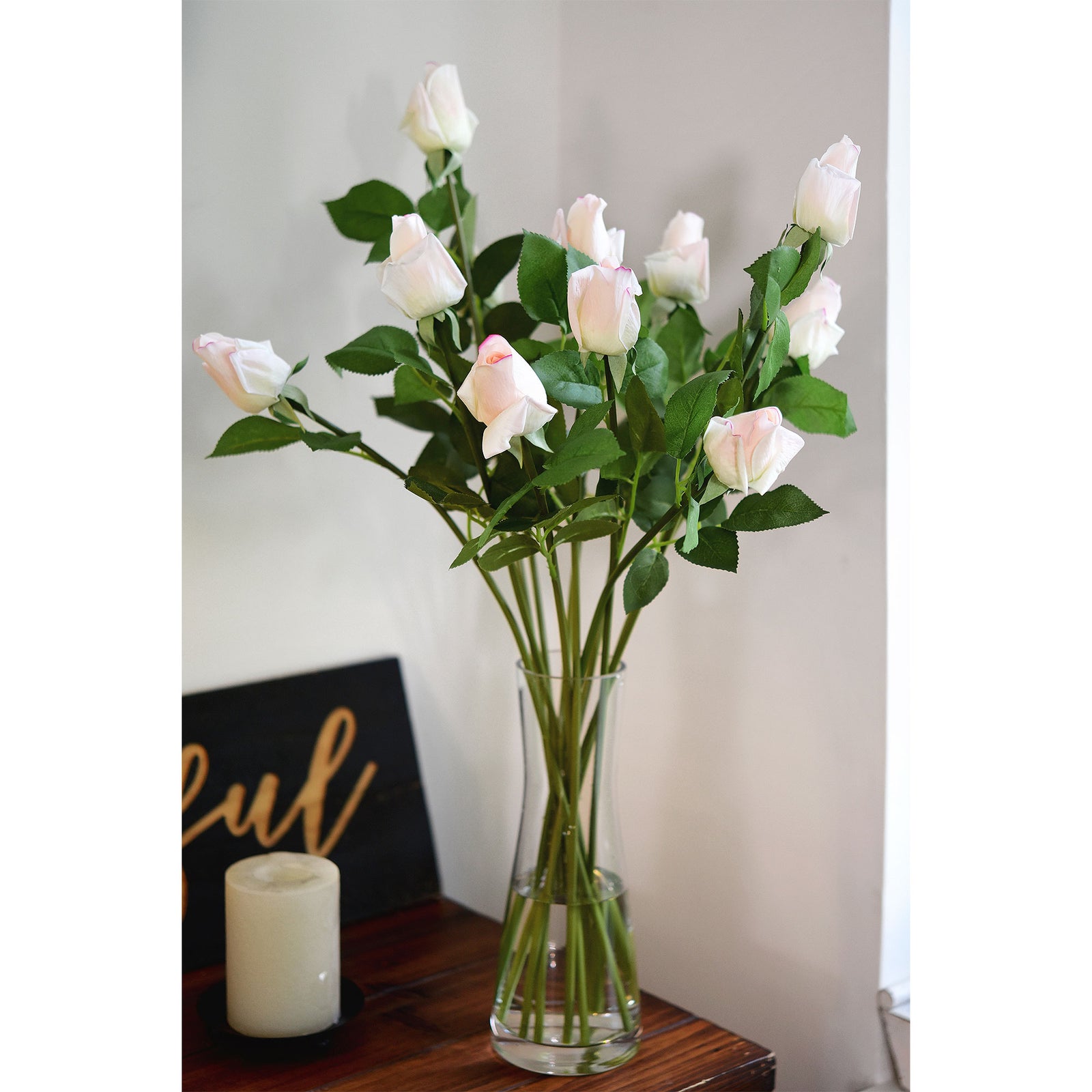 Antique White Pink Long Stem 21 inches Roses Real Touch Silk Artificial Flowers 12 Stems