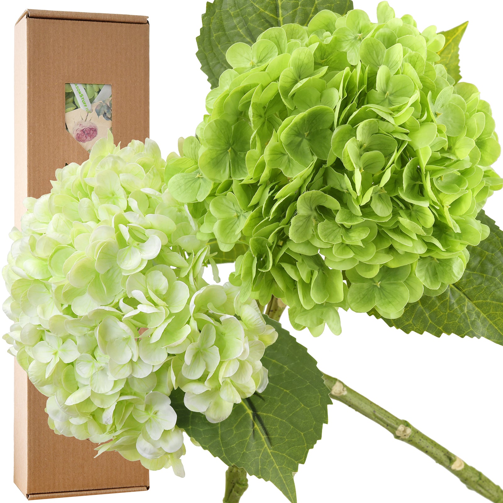 FiveSeasonStuff 2 Stems Real Touch Petals and Leaves Artificial Hydrangea Flowers Long Stem Floral Arrangement | for Wedding Bridal Party Home Décor DIY Floral Decoration (Green | Pale Green)