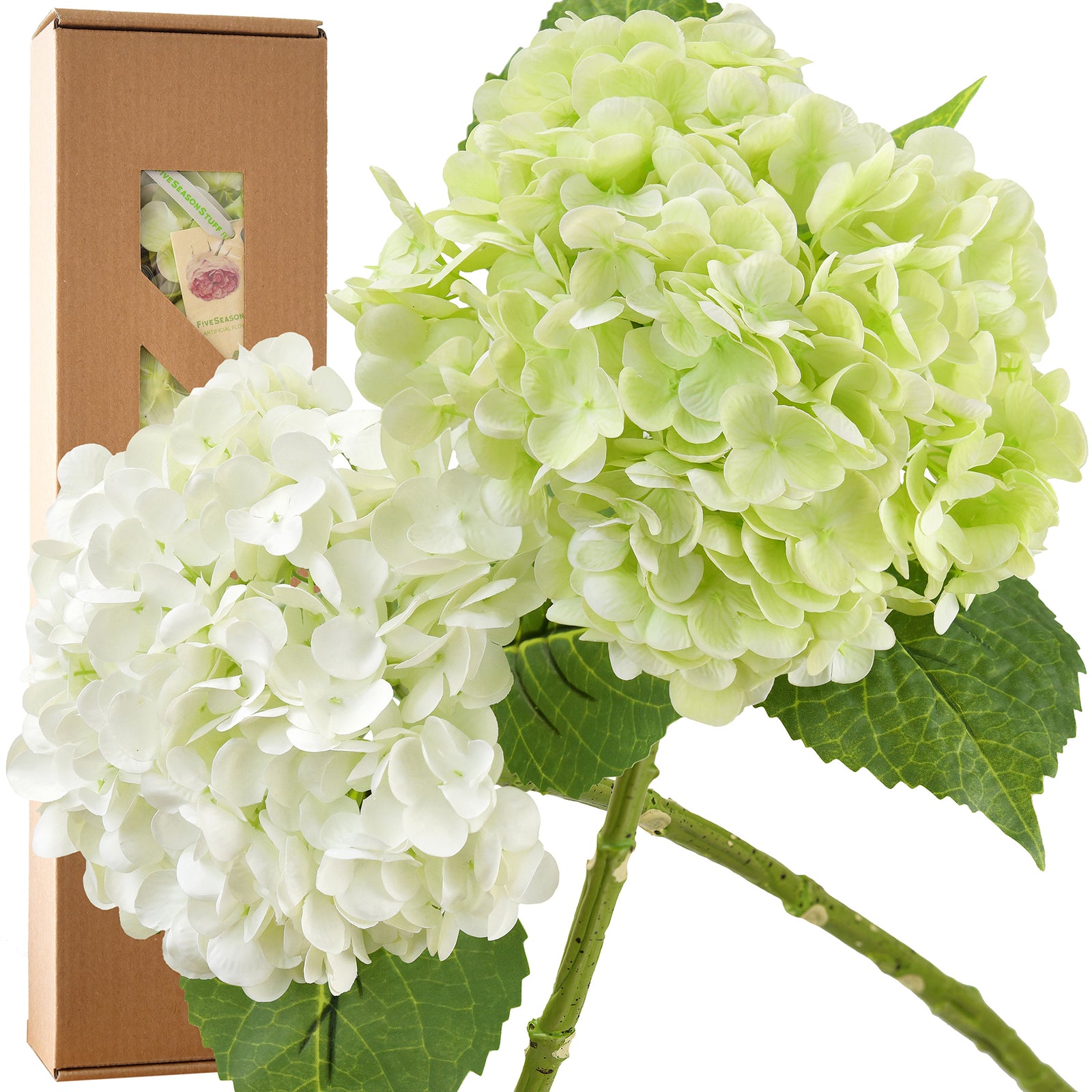 FiveSeasonStuff 2 Stems Real Touch Petals and Leaves Artificial Hydrangea Flowers Long Stem Floral Arrangement | for Wedding Bridal Party Home Décor DIY Floral Decoration (White | Pale Green)