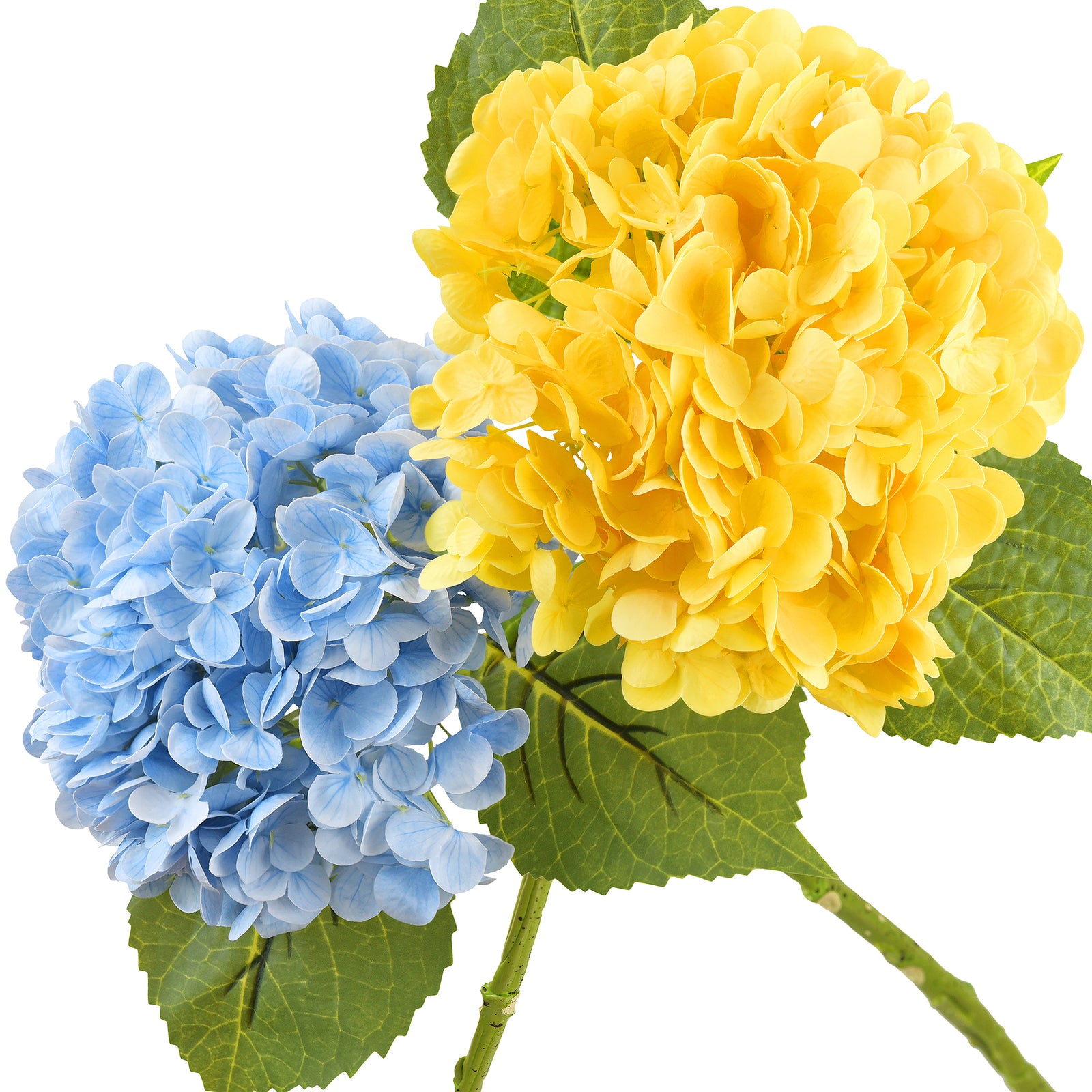 FiveSeasonStuff 2 Stems Real Touch Petals and Leaves Artificial Hydrangea Flowers Long Stem Floral Arrangement | for Wedding Bridal Party Home Décor DIY Floral Decoration (Blue | Yellow)