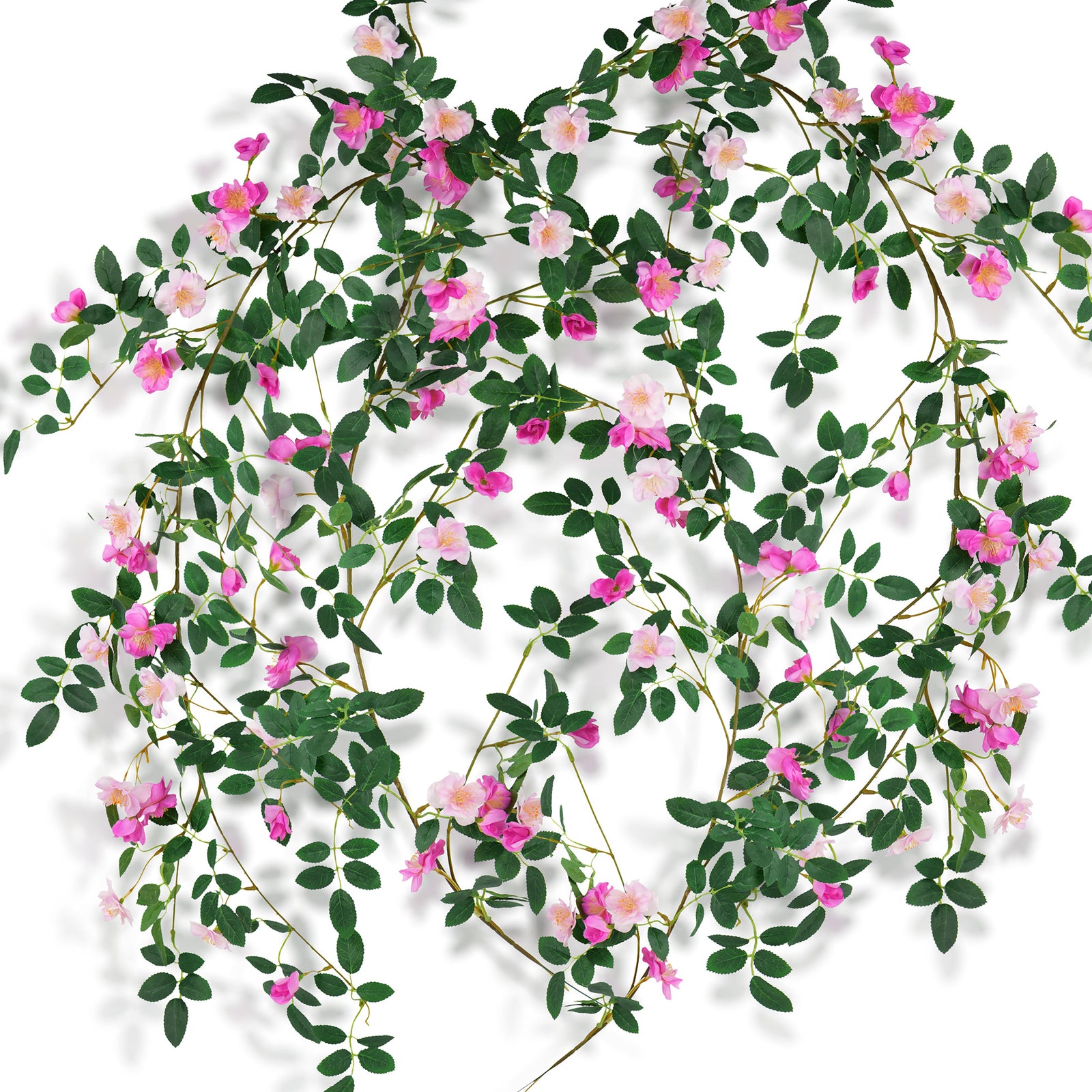 12ft 2 Bendable Flower Fuchsia Pink Garlands Artificial Silk Wild Rose Vine Leaves Hanging Flowers for Wall Decoration