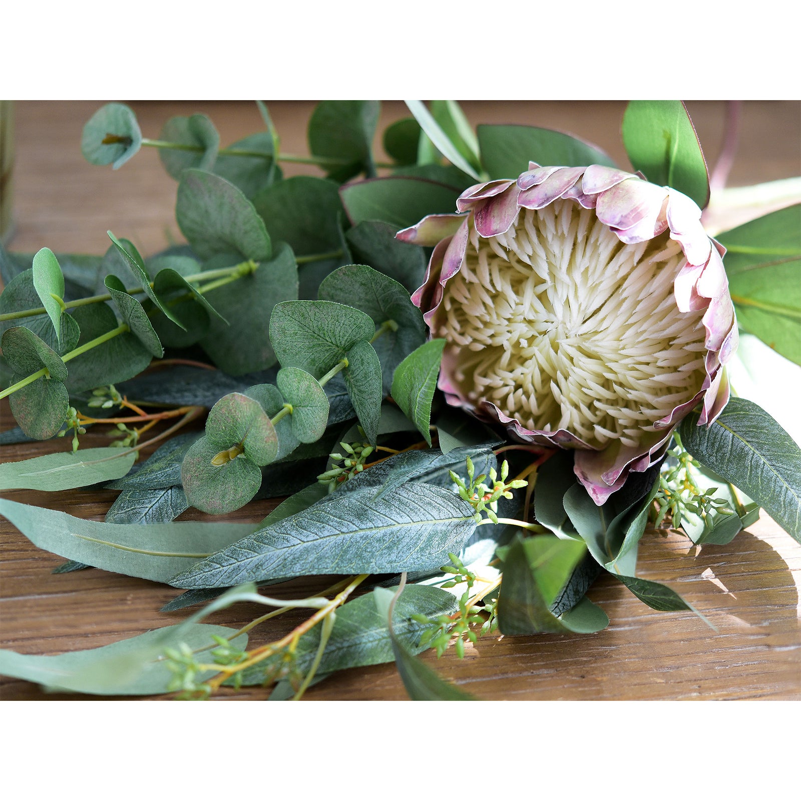 ''Timeless White Whisper'' Bouquet Chestnut White King Protea Arranged with Eucalyptus Leaves Silk Artificial Flowers