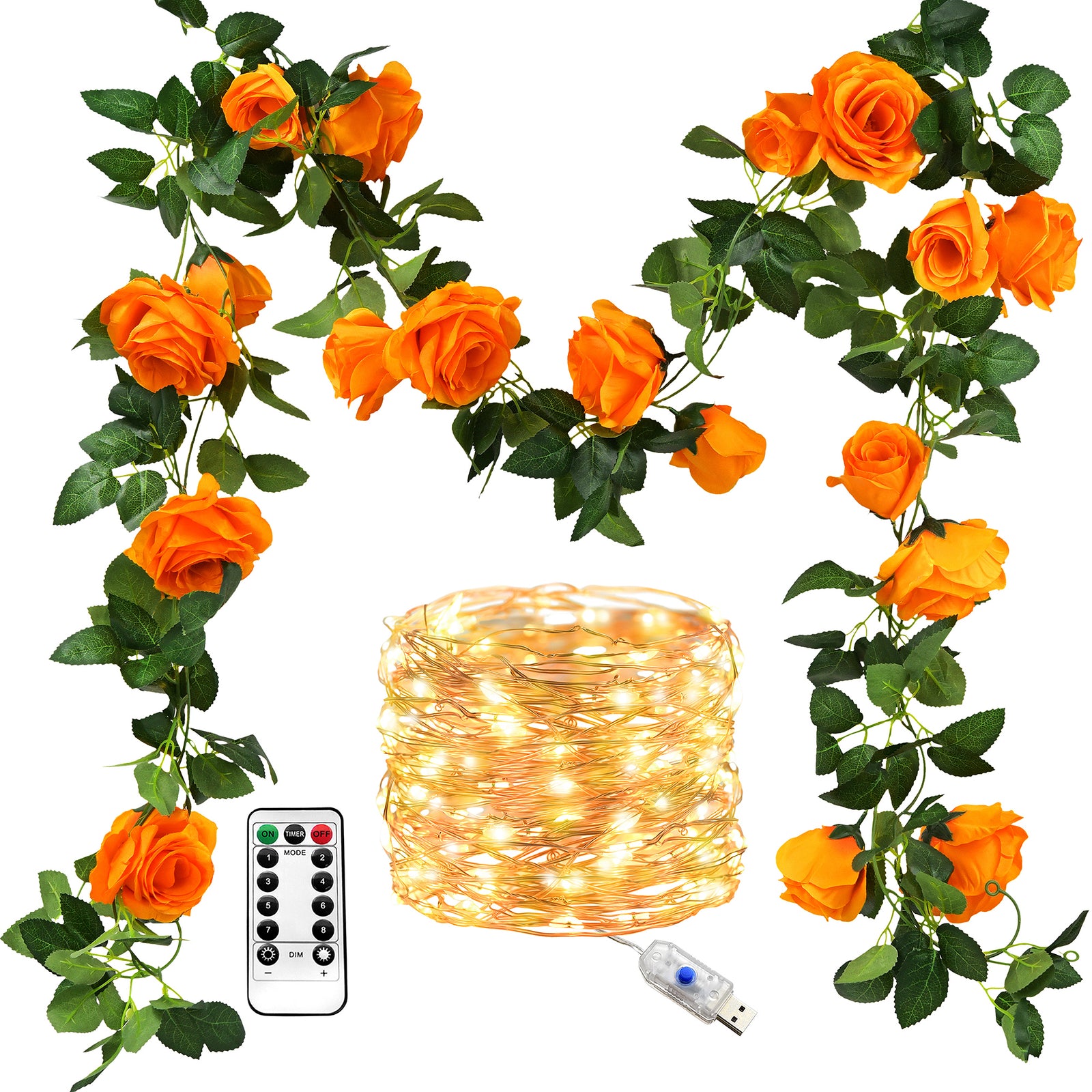 14 Ft 2 Pack Mandarin Orange Rose Silk Flower Garland Artificial Flowers Decoration Hanging Floral with 33 feet String Lights