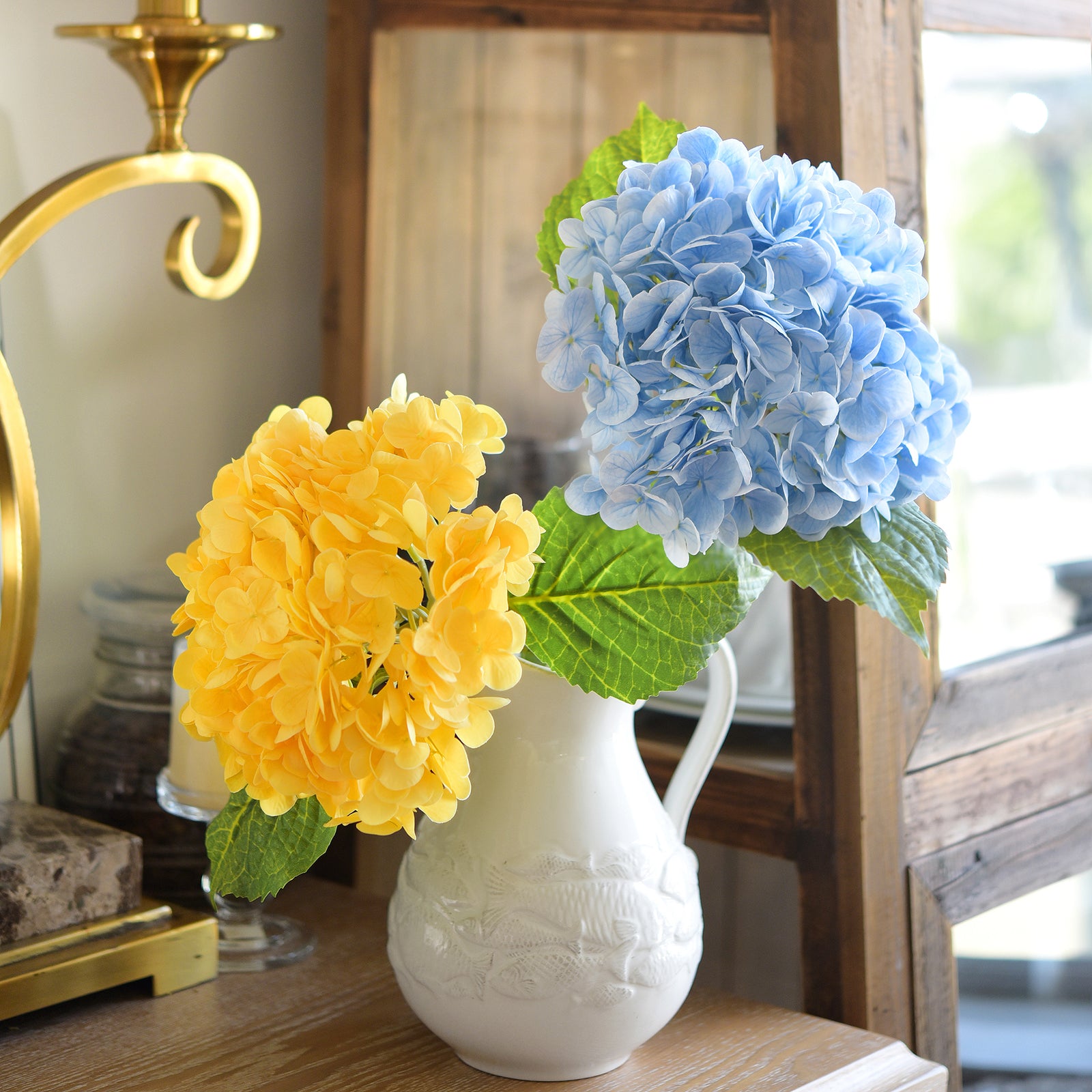 FiveSeasonStuff 2 Stems Real Touch Petals and Leaves Artificial Hydrangea Flowers Long Stem Floral Arrangement | for Wedding Bridal Party Home Décor DIY Floral Decoration (Blue | Yellow)