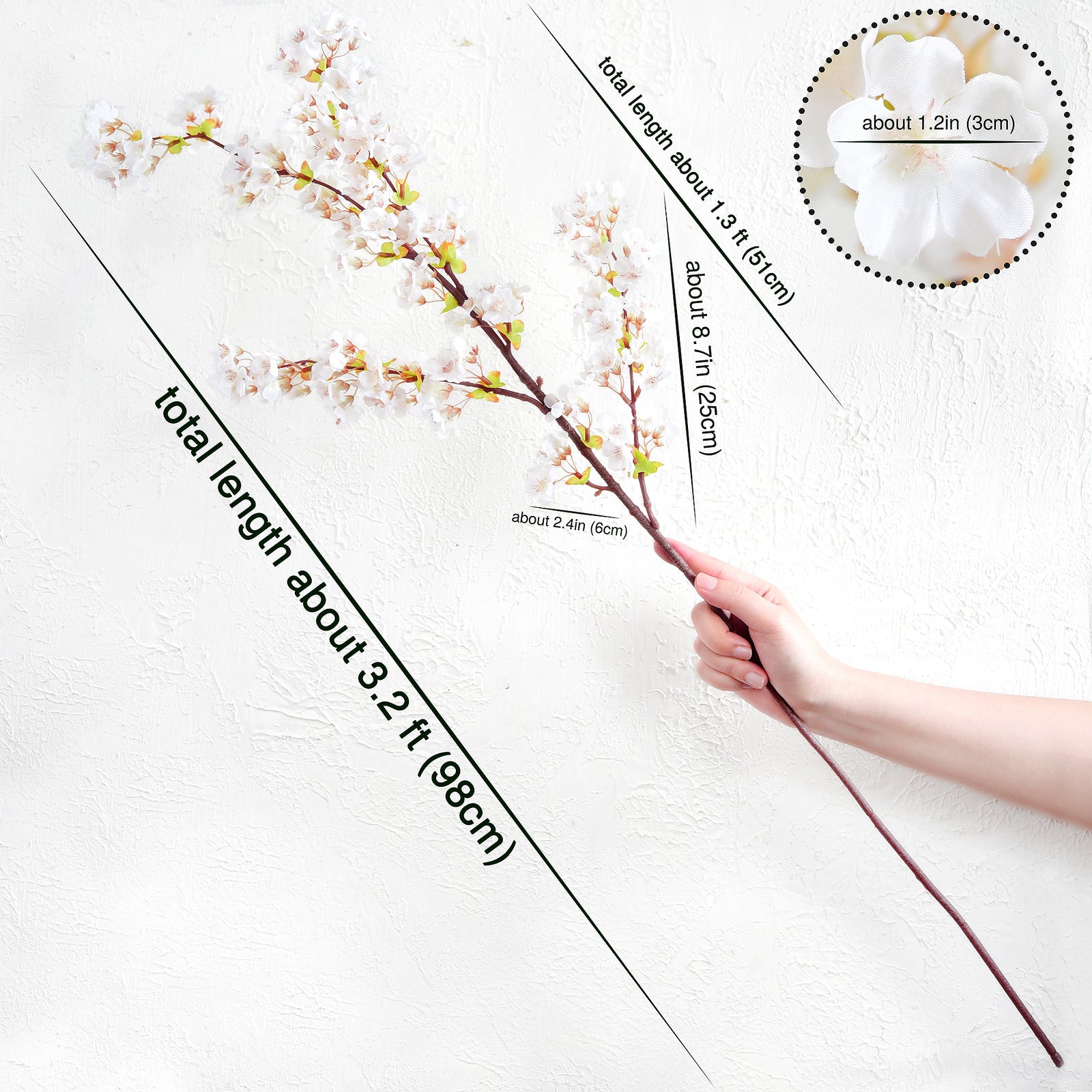 Snowy White Sakura Elegance Silk Cherry Blossom Stems – Set of 2, 3.2ft Tall Artificial Flowers for Wedding & Home Decor