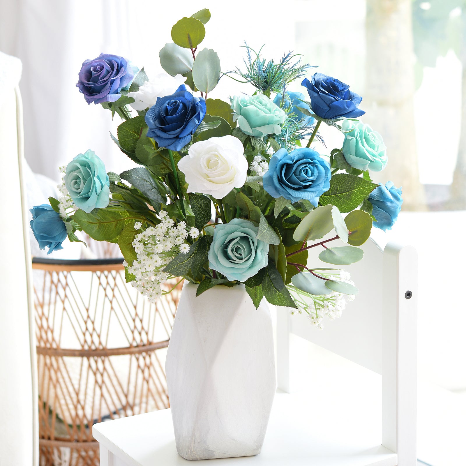28 PCS DIY Set (POSH BLUE) Real Touch Mix Blue Roses Sea Holly Thistle Artificial Flowers Arrangement Silk Bouquet for Gift Home Wedding Bridal Corporate Gifts