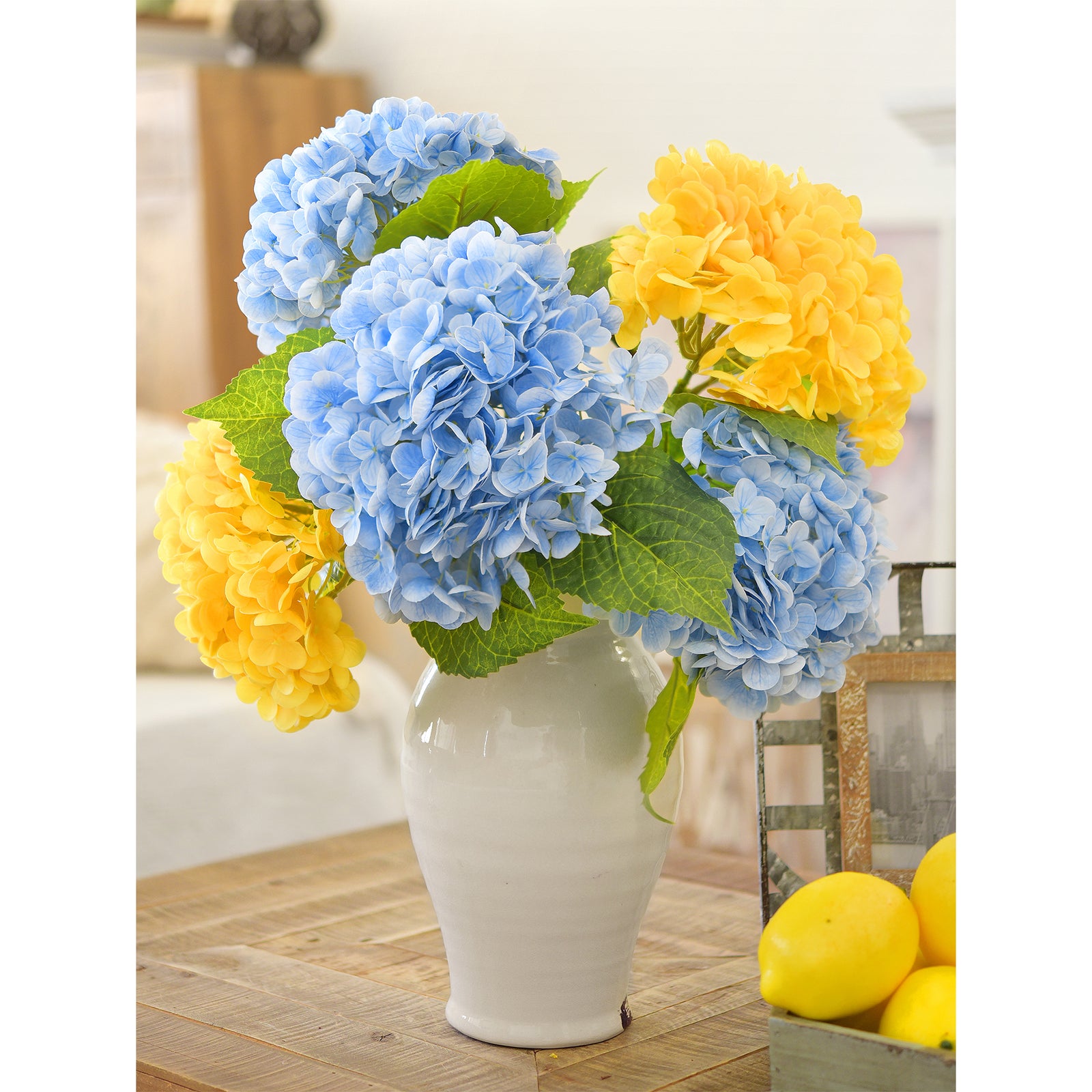 FiveSeasonStuff 2 Stems Real Touch Petals and Leaves Artificial Hydrangea Flowers Long Stem Floral Arrangement | for Wedding Bridal Party Home Décor DIY Floral Decoration (Blue | Yellow)
