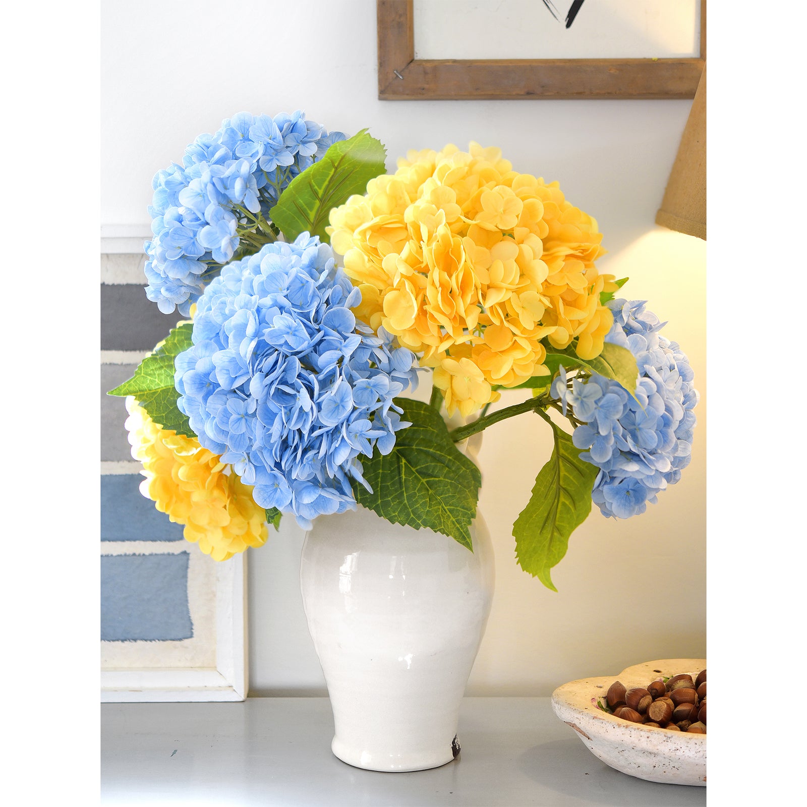 FiveSeasonStuff 2 Stems Real Touch Petals and Leaves Artificial Hydrangea Flowers Long Stem Floral Arrangement | for Wedding Bridal Party Home Décor DIY Floral Decoration (Blue | Yellow)