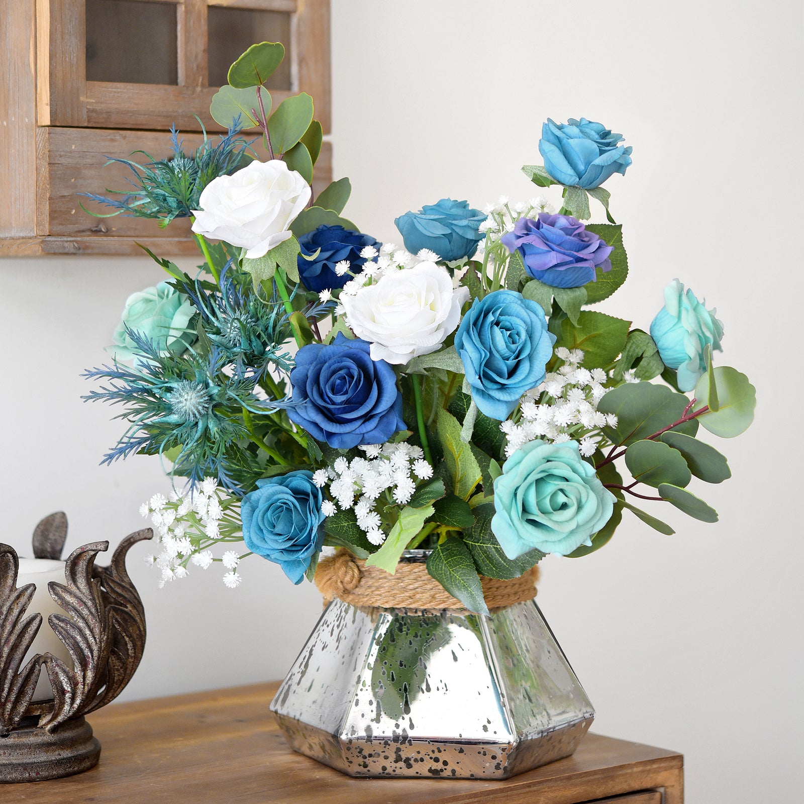 28 PCS DIY Set (POSH BLUE) Real Touch Mix Blue Roses Sea Holly Thistle Artificial Flowers Arrangement Silk Bouquet for Gift Home Wedding Bridal Corporate Gifts