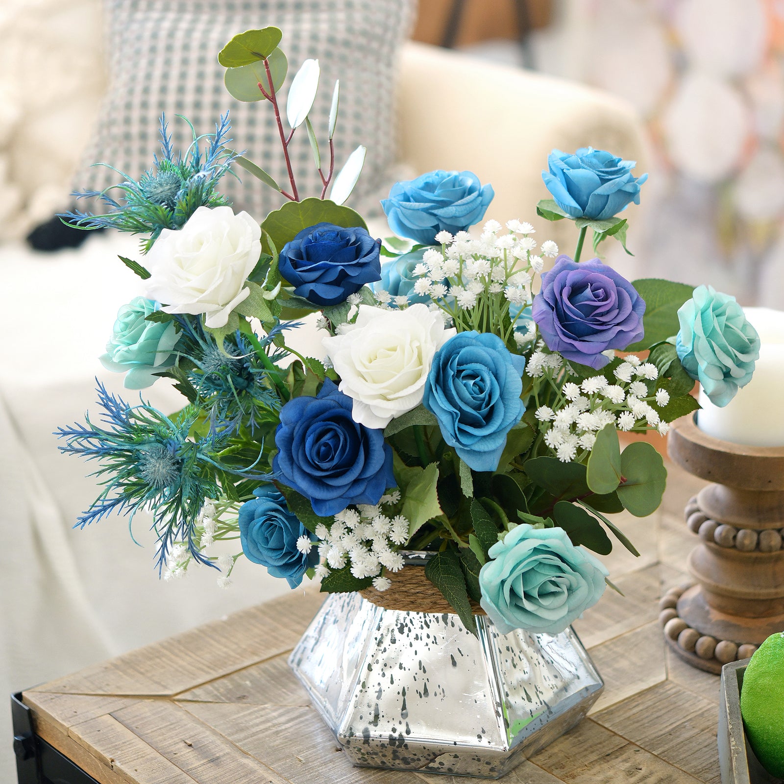 28 PCS DIY Set (POSH BLUE) Real Touch Mix Blue Roses Sea Holly Thistle Artificial Flowers Arrangement Silk Bouquet for Gift Home Wedding Bridal Corporate Gifts
