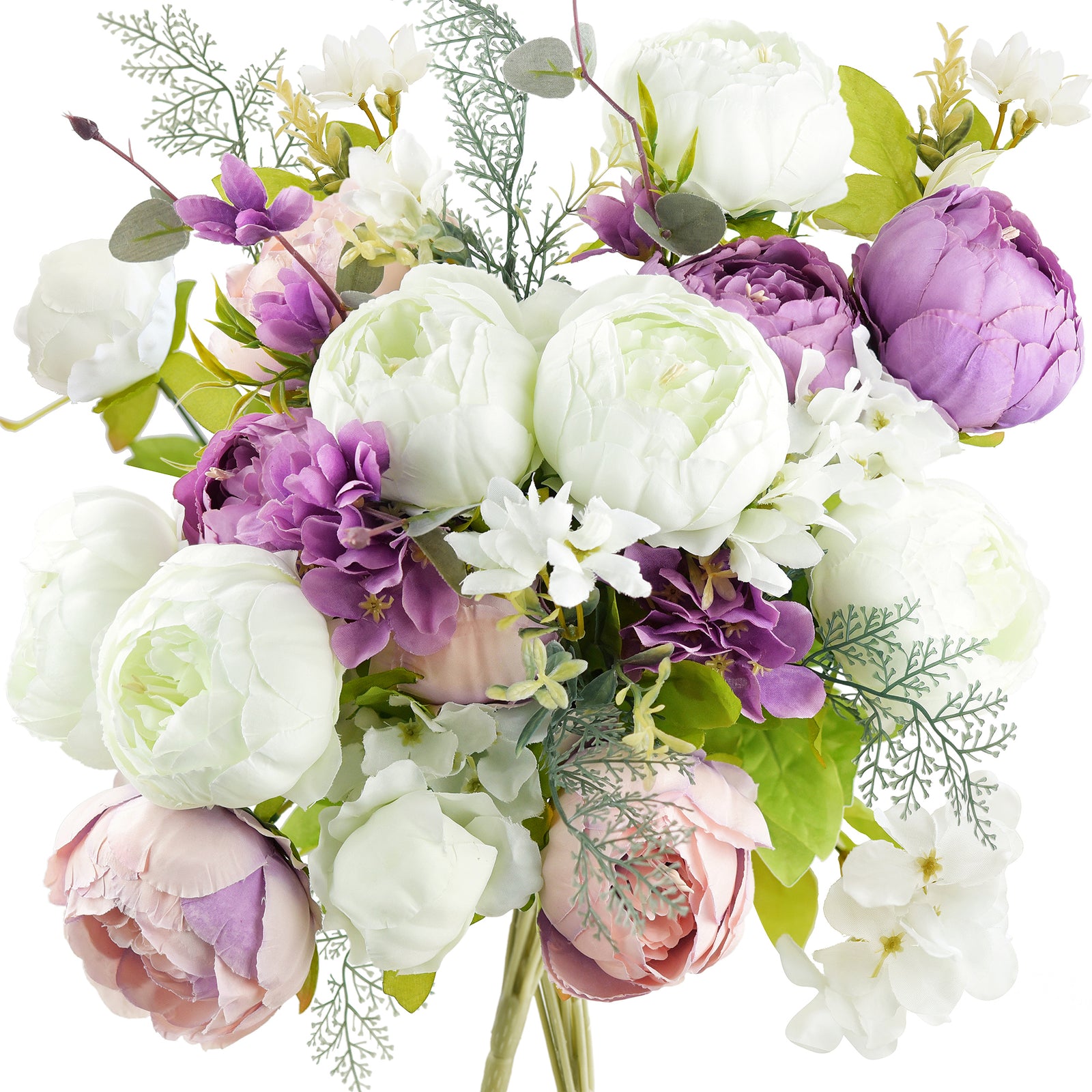 FiveSeasonStuff 2 Bundles of White & Purple Silk Peonies Artificial Flower Bouquet