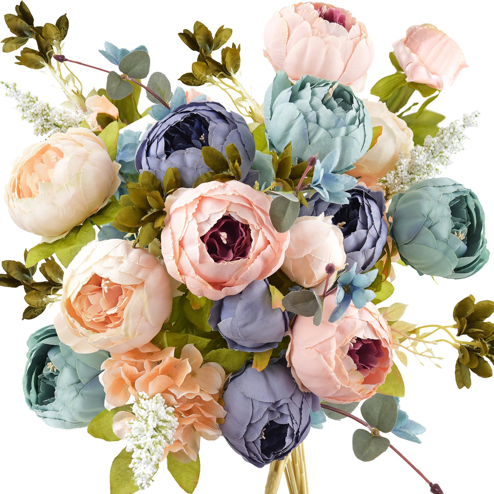 Artificial Peonies Bouquet – Set of 2, Pastel Delight, Peach, Blue, and Cream Silk Flowers for Weddings, Home Decor, and DIY Arrangements