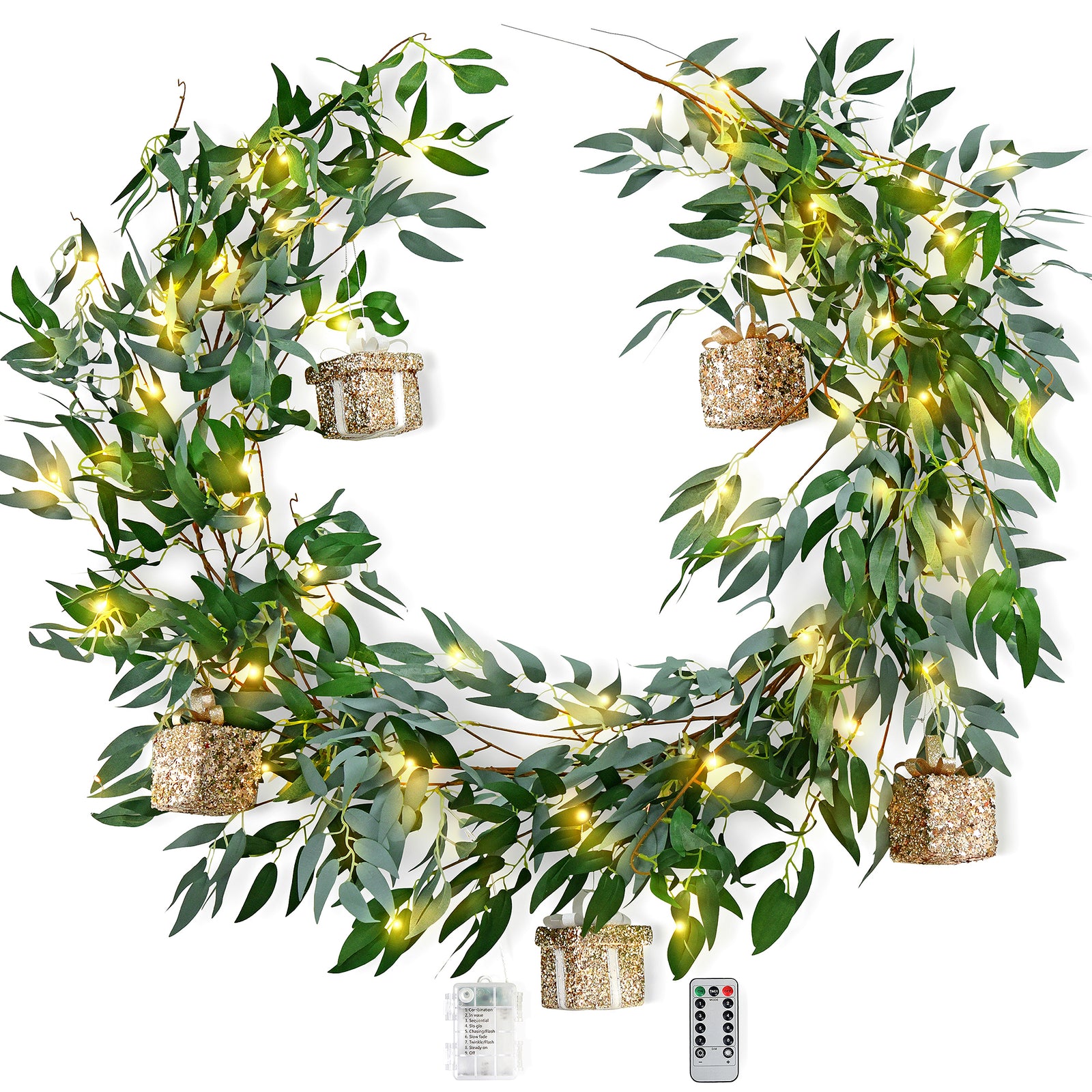 Lighted Willow Leaf Artificial Garlands with Gift Ornaments and Remote