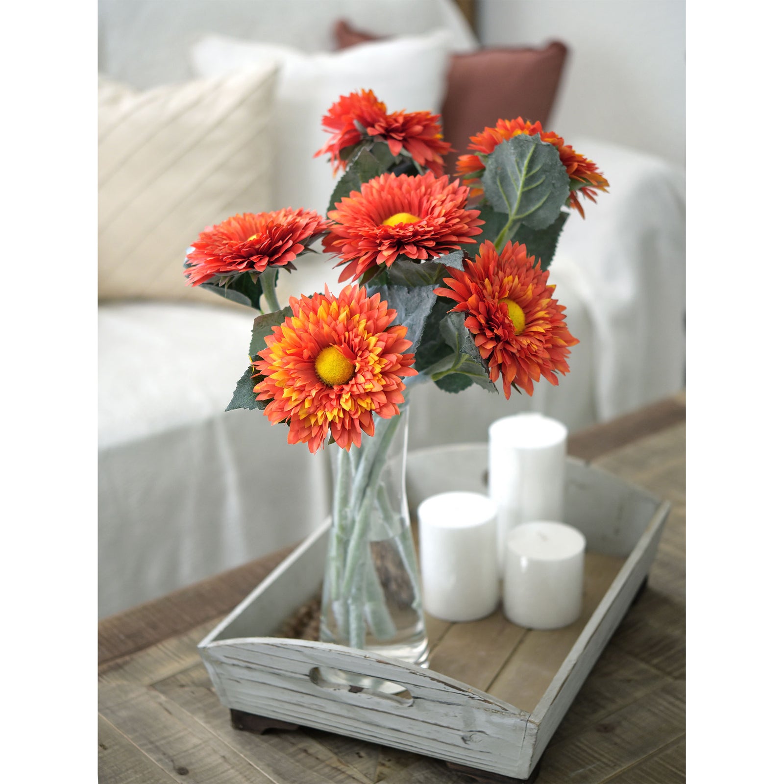 Artificial Sunflowers, Burning Orange Flowers Bouquet (6 Single Stems) -FiveSeasonStuff