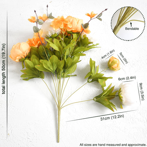 Artificial floral DIY kit with orange and white flowers, greenery, and tools for creating unique arrangements