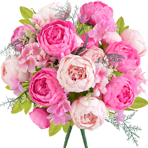 Artificial peony bouquet featuring hot pink and blush peonies with soft greenery and realistic textures, perfect for weddings or home decor.