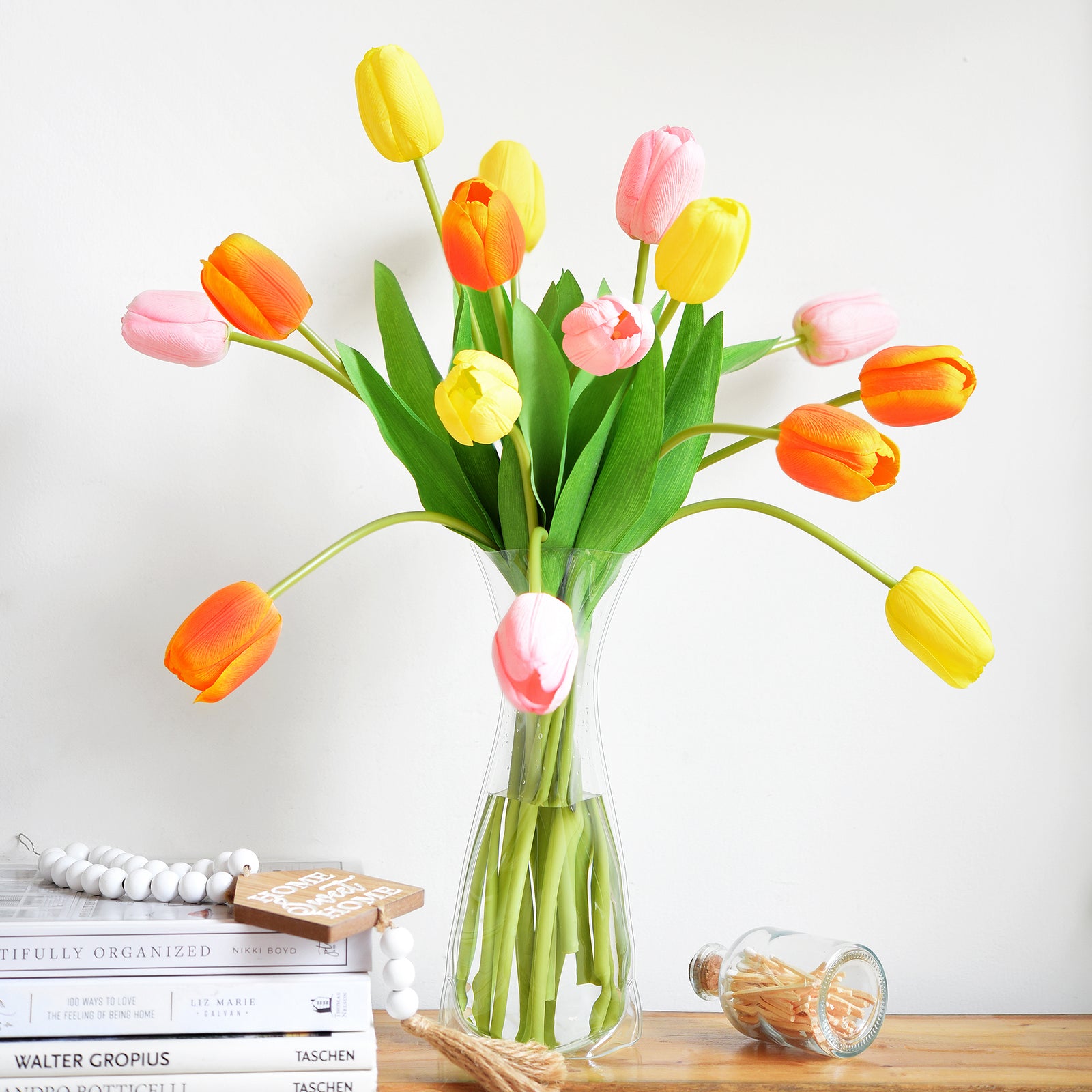 Colorful faux tulips in orange, pink, and yellow with measurements showing stem and bloom dimensions.
