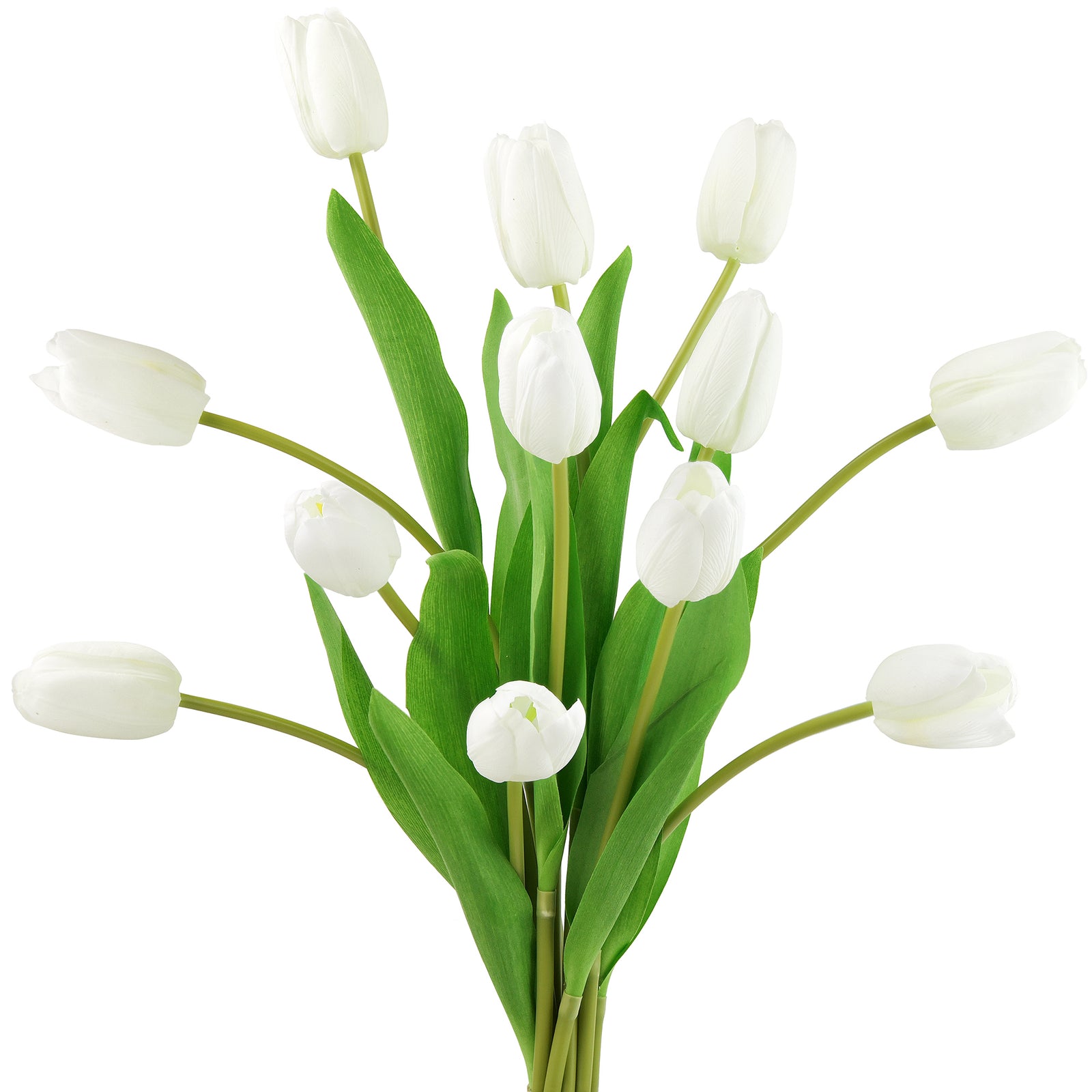 Simple and beautiful artificial white long stem tulip stems arranged in a glass vase for a timeless floral décor style.