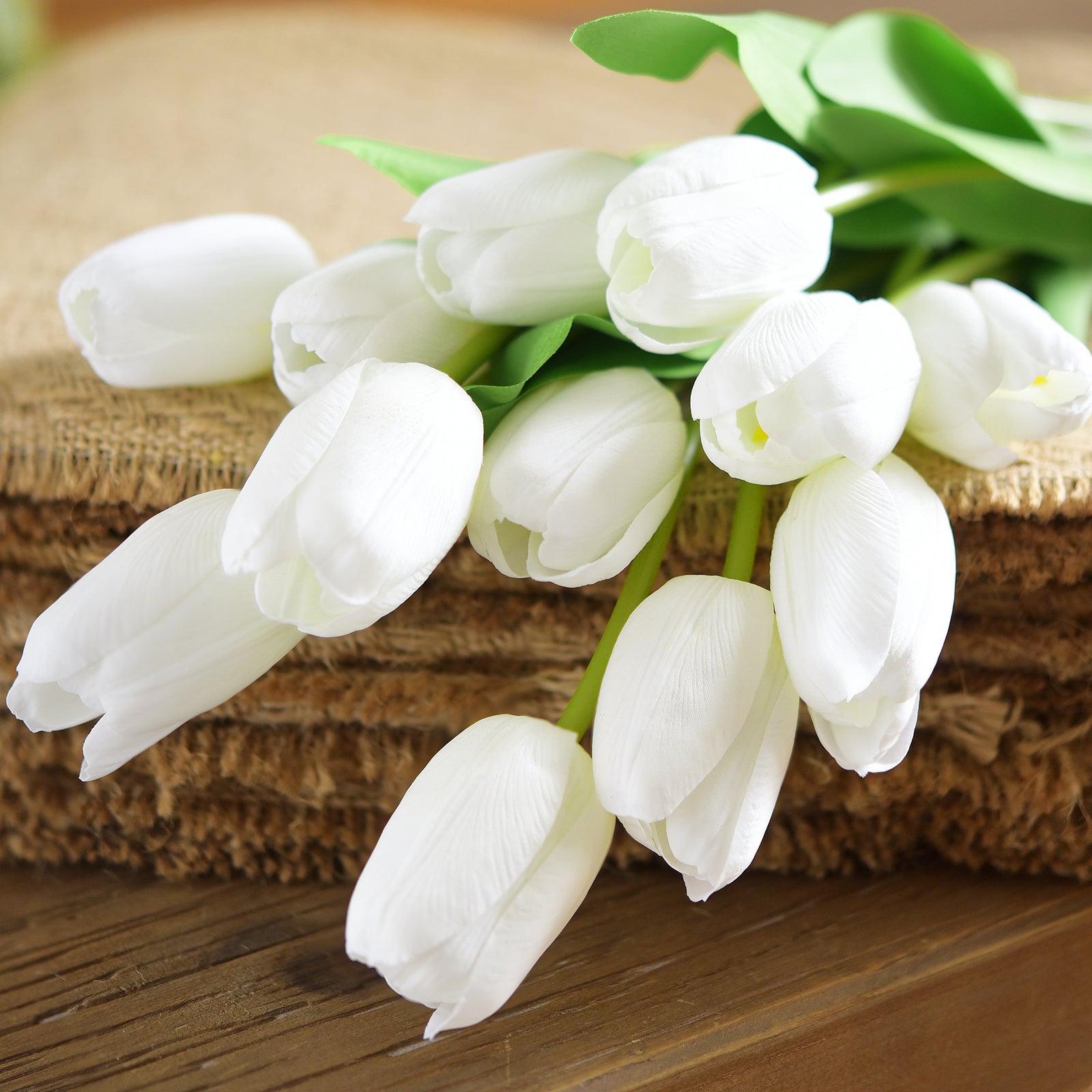 Close-up of lifelike white tulip blooms with realistic texture, perfect for elegant floral arrangements.