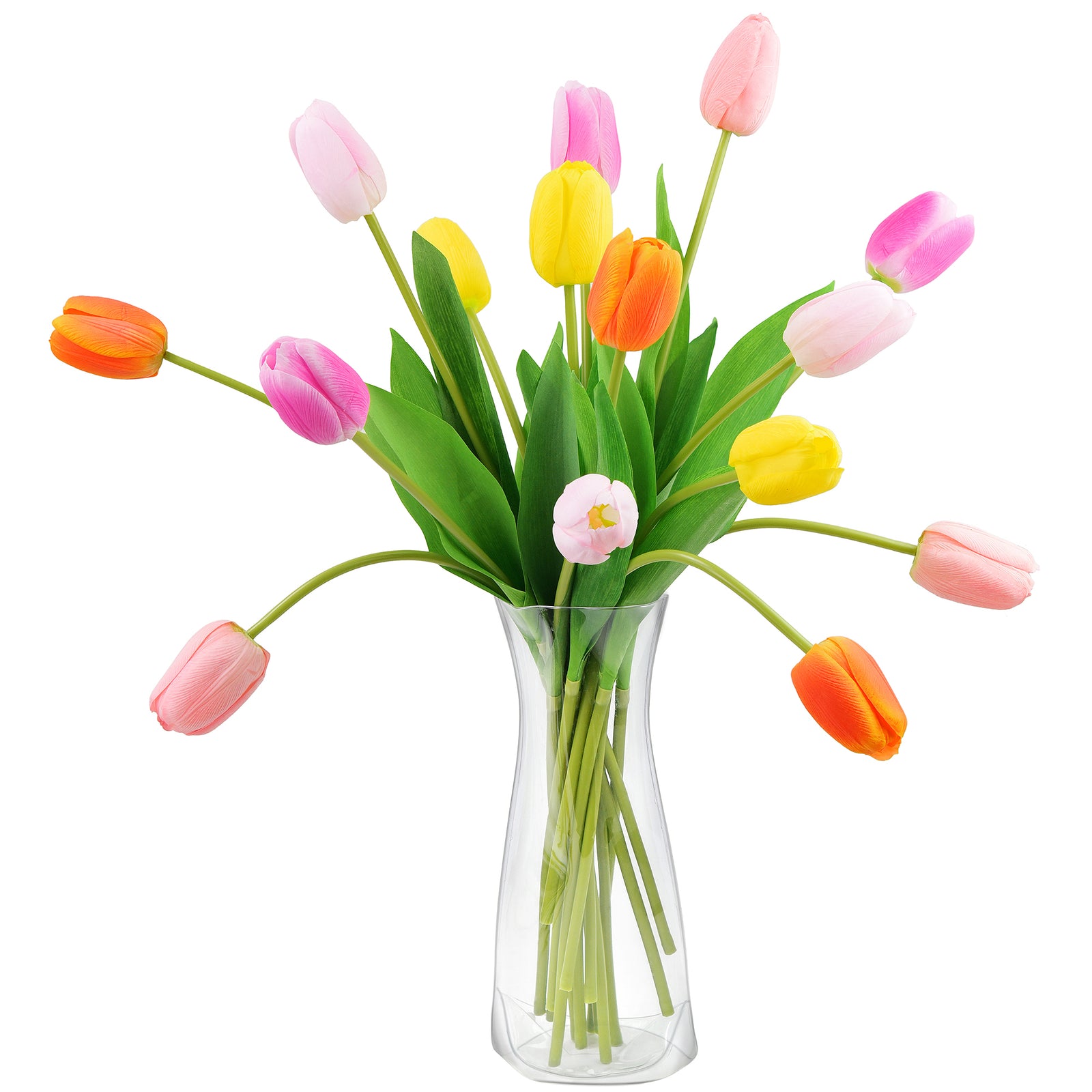 Detailed view of artificial tulip stems, demonstrating lifelike blooms and foldable clear vase.
