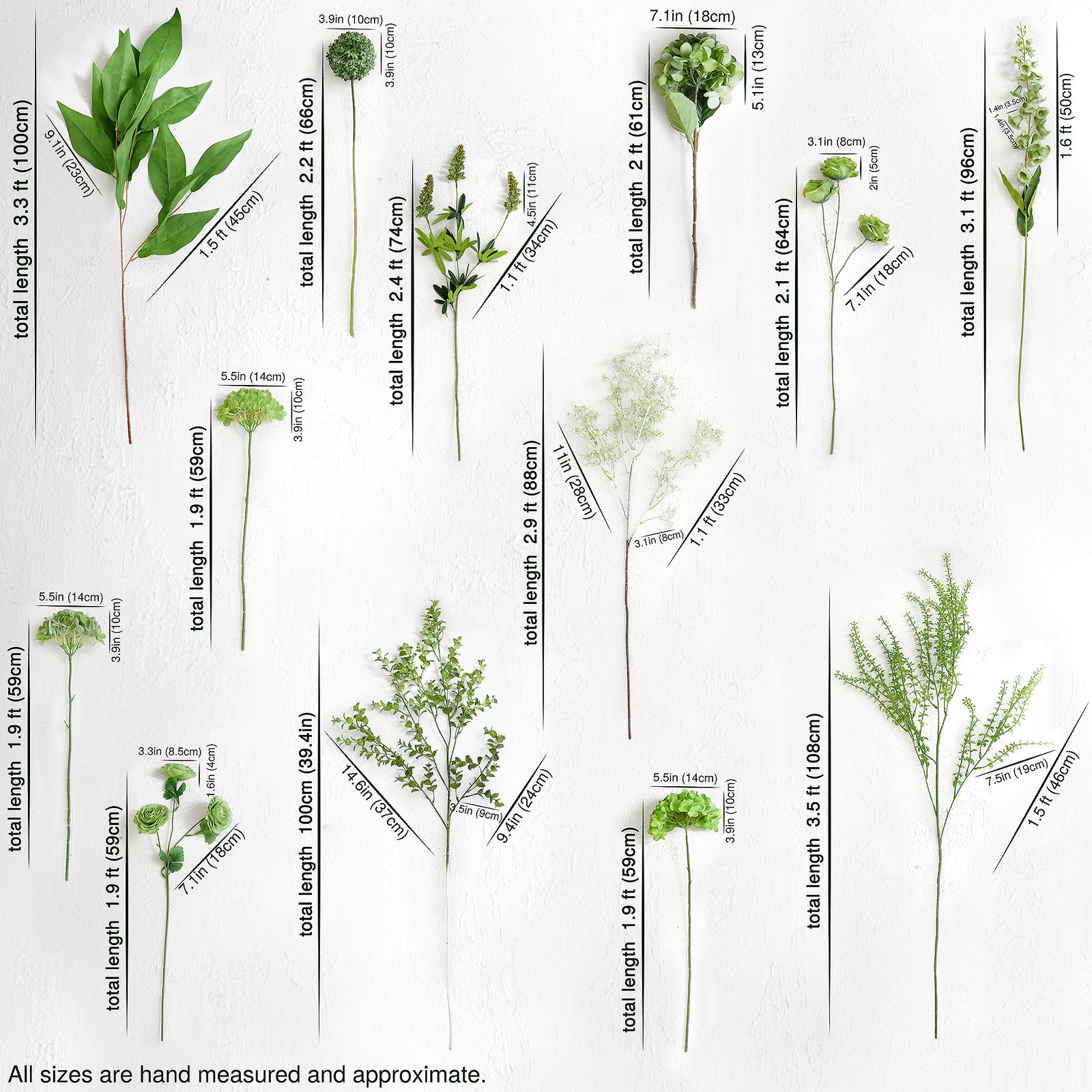 Dimensions of the elegant green artificial bouquet with a breakdown of the included floral stems and their sizes.