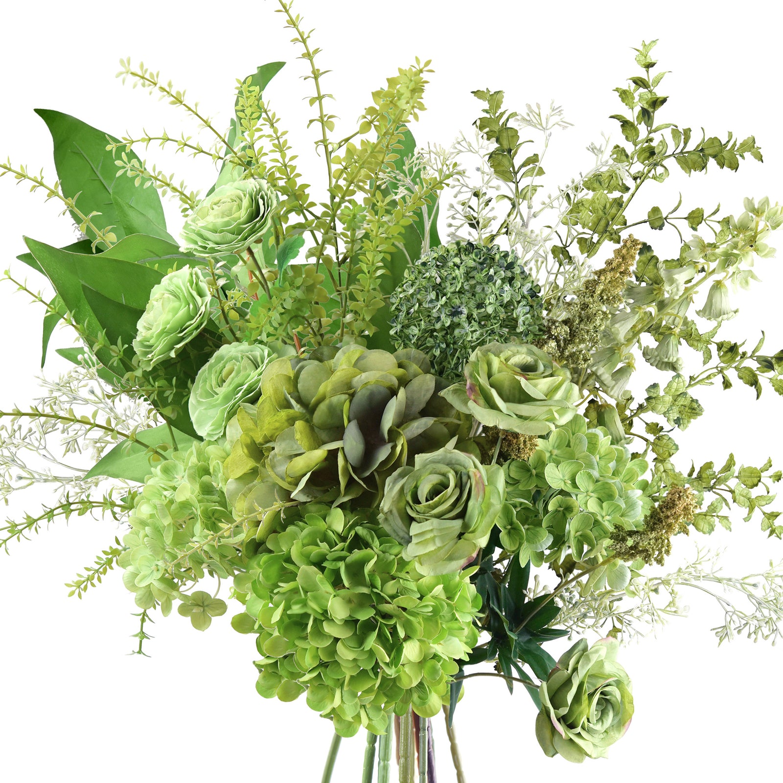 Elegant green artificial bouquet featuring hydrangeas, roses, camellia, and baby’s breath in a lush arrangement.