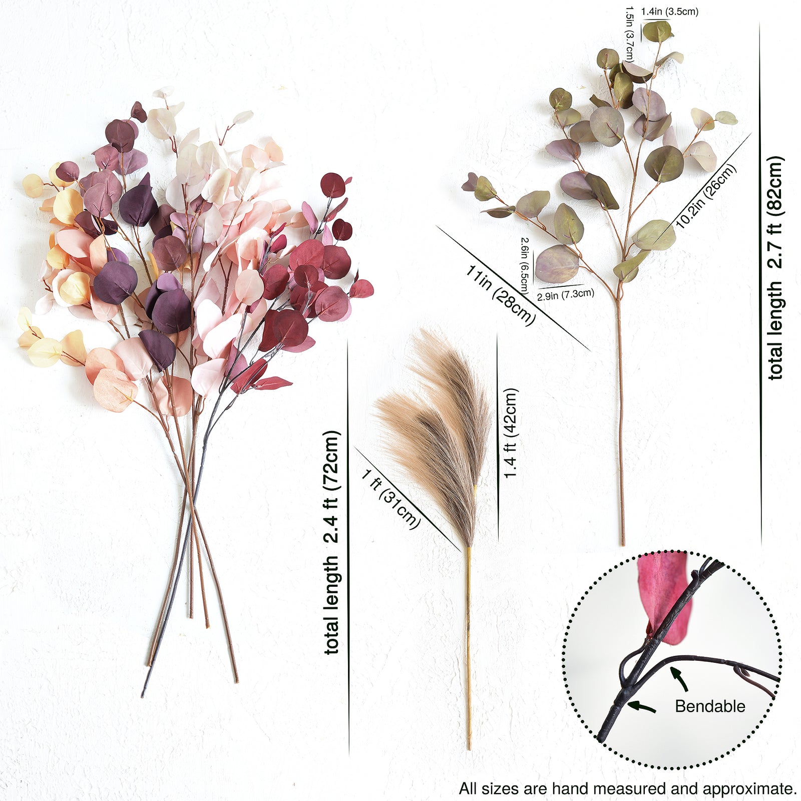 Handpicked silk eucalyptus stems in Dusky Ember, Burgundy, and Warm Taupe with product dimensions and bendable stems for customizable arrangements.