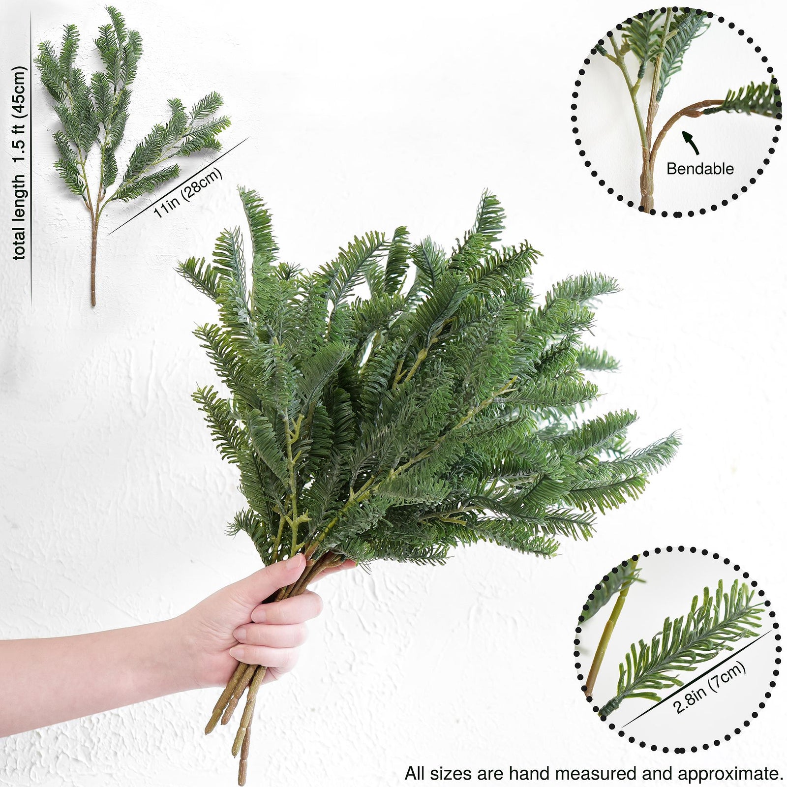 Bundle of soft-touch faux pine branches, bendable and versatile for décor projects with size dimensions