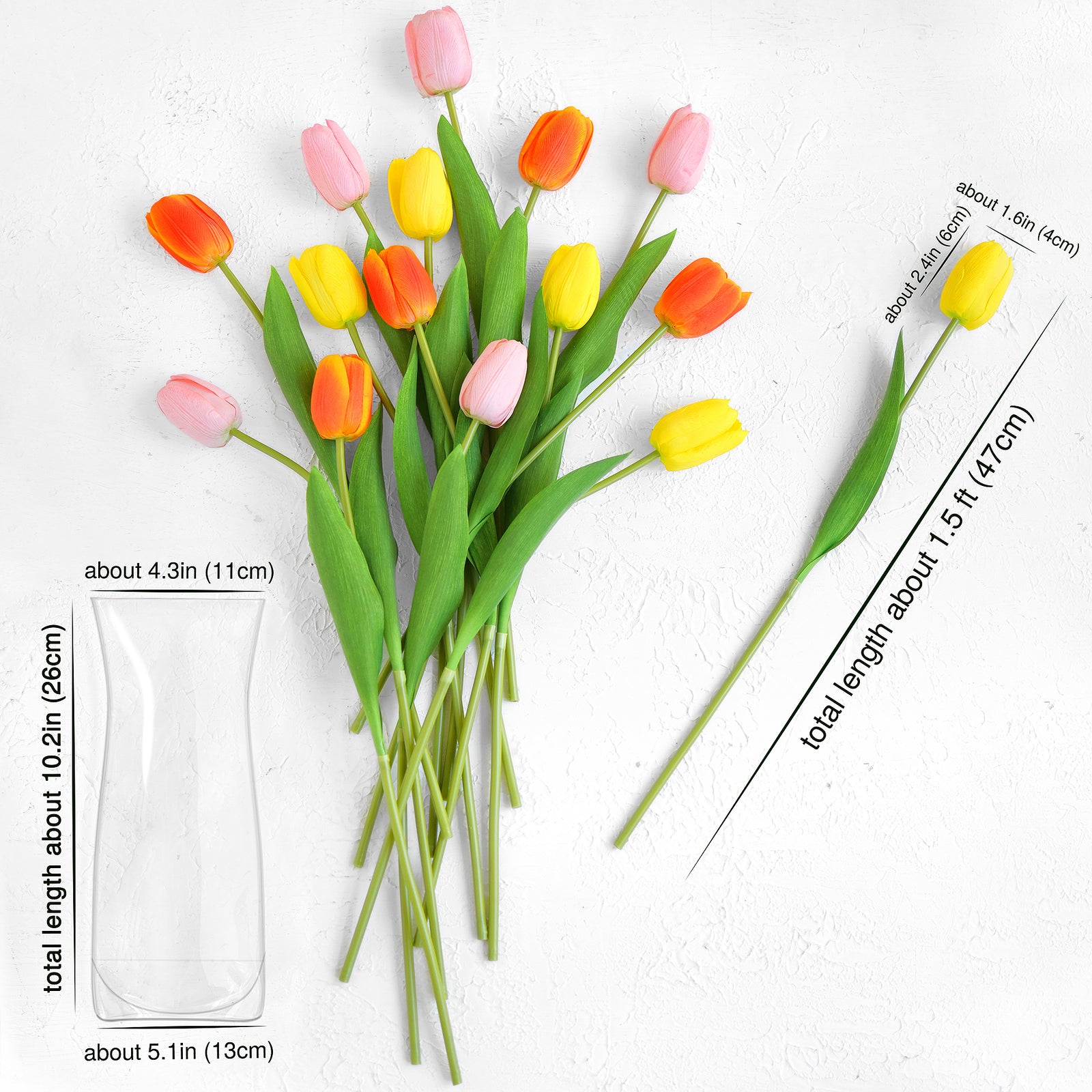 measurements for 15 artificial tulips laid flat in vibrant shades of orange, yellow, and pink and vase.
