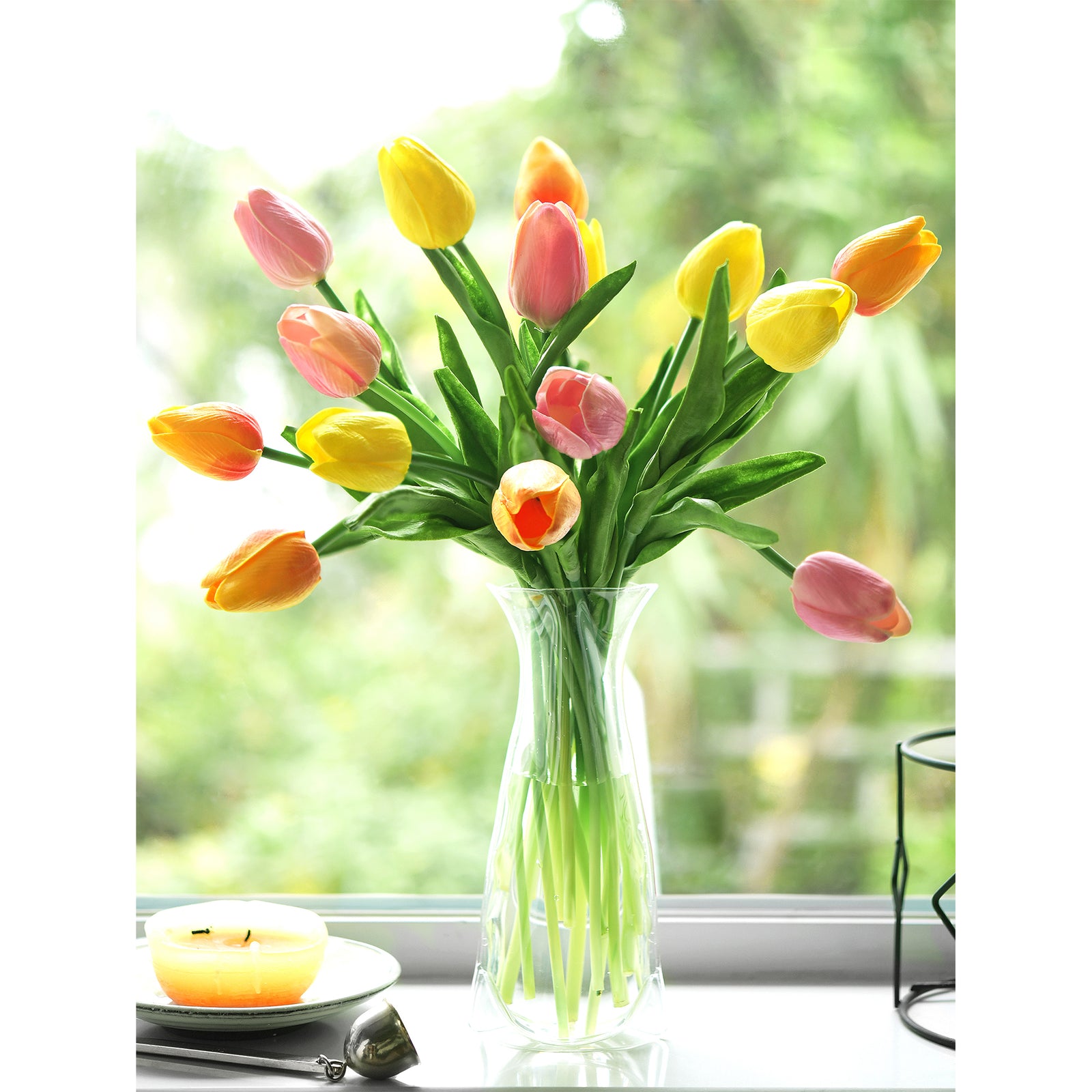 Full view of 15 artificial tulips with a transparent PVC foldable vase, perfect for bedside or table décor.
