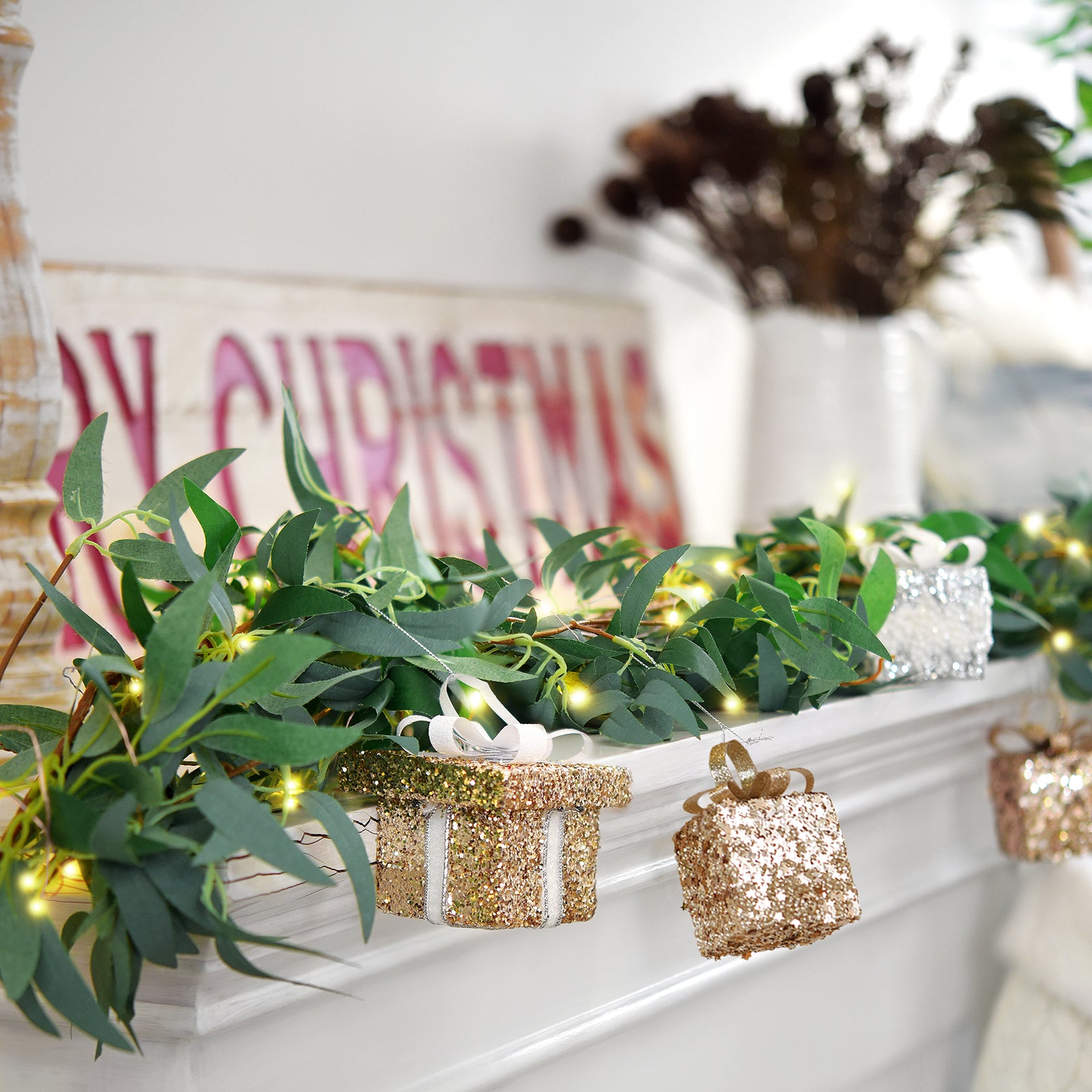 Lighted Willow Leaf Artificial Garlands with Gift Ornaments and Remote